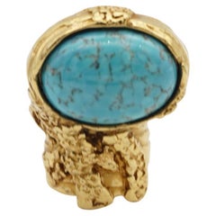 Yves Saint Laurent YSL Arty Turquoise Cabochon Enamel Chunky Gold Ring, Size 5 