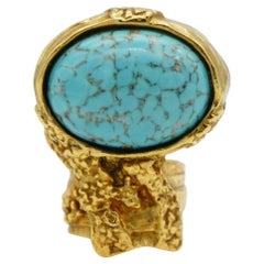 Yves Saint Laurent YSL Arty Turquoise Cabochon Enamel Chunky Gold Ring, Size 5