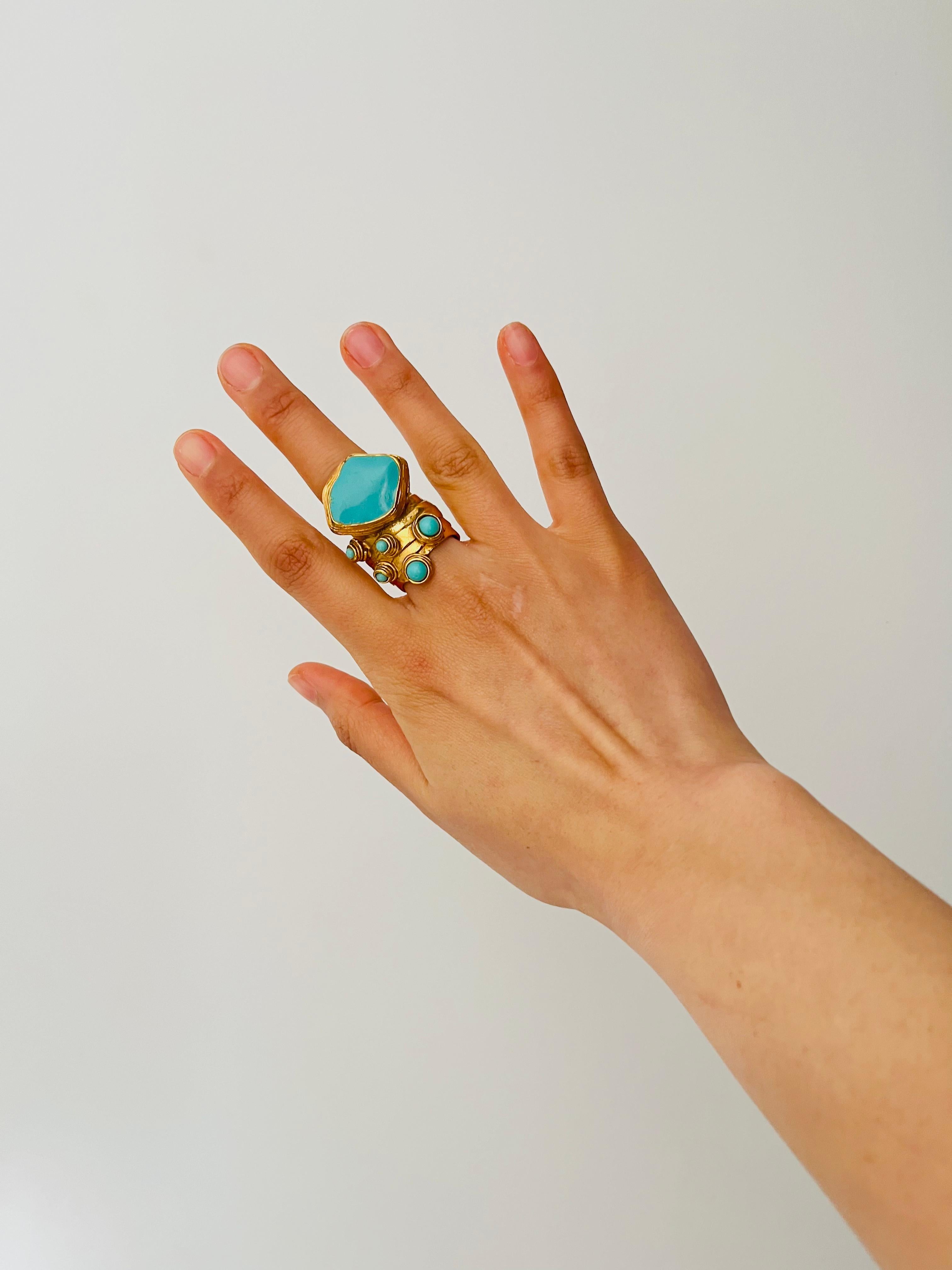 Yves Saint Laurent YSL Arty Turquoise Cabochon Enamel Dots Chunky Ring, Size 7 im Angebot 1