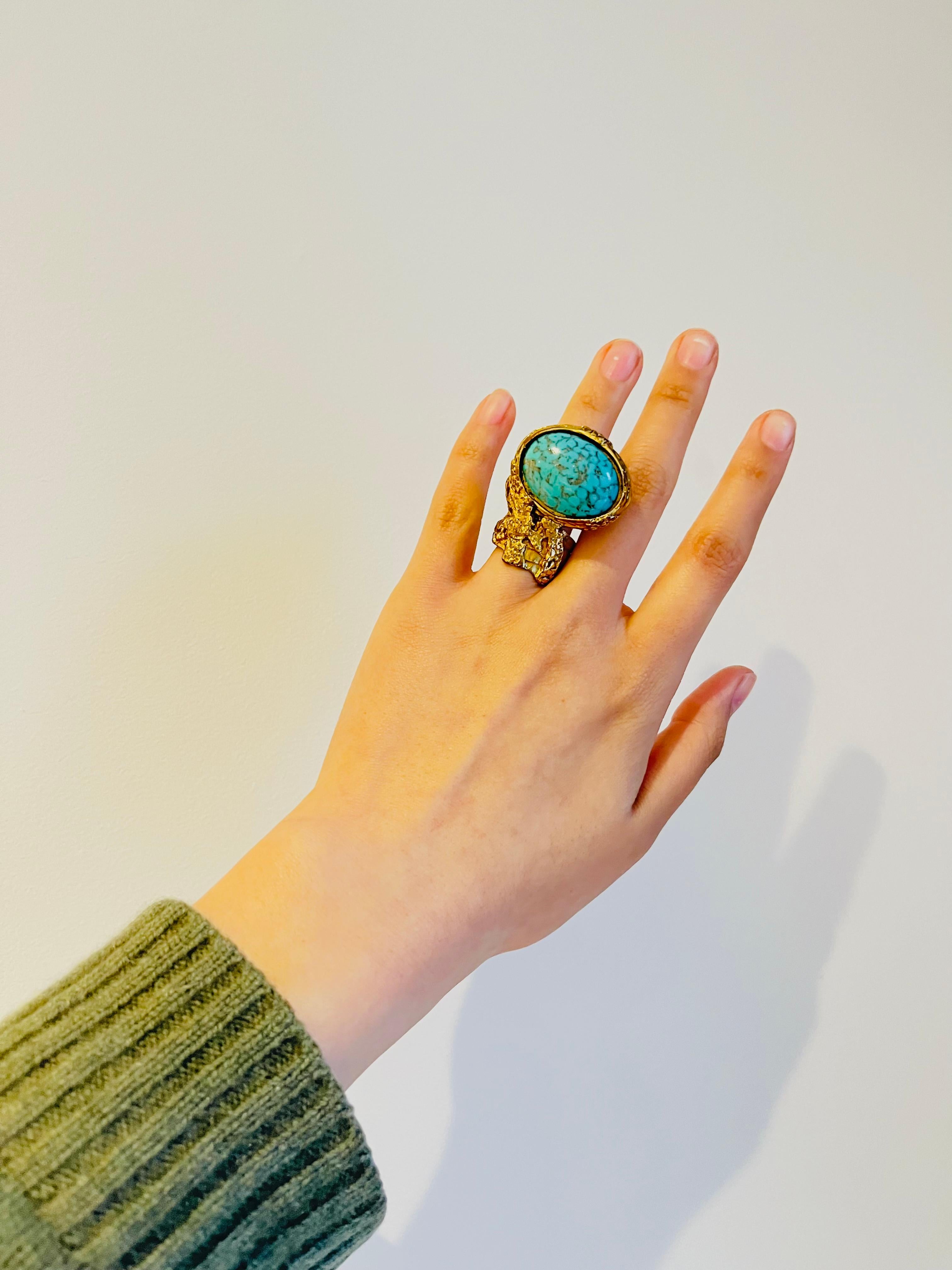 Women's or Men's Yves Saint Laurent YSL Arty Turquoise Cabochon Statement Chunky Ring, Size 6 For Sale