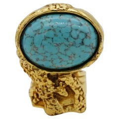 Yves Saint Laurent YSL Arty Turquoise Cabochon Statement Chunky Gold Ring, US 6