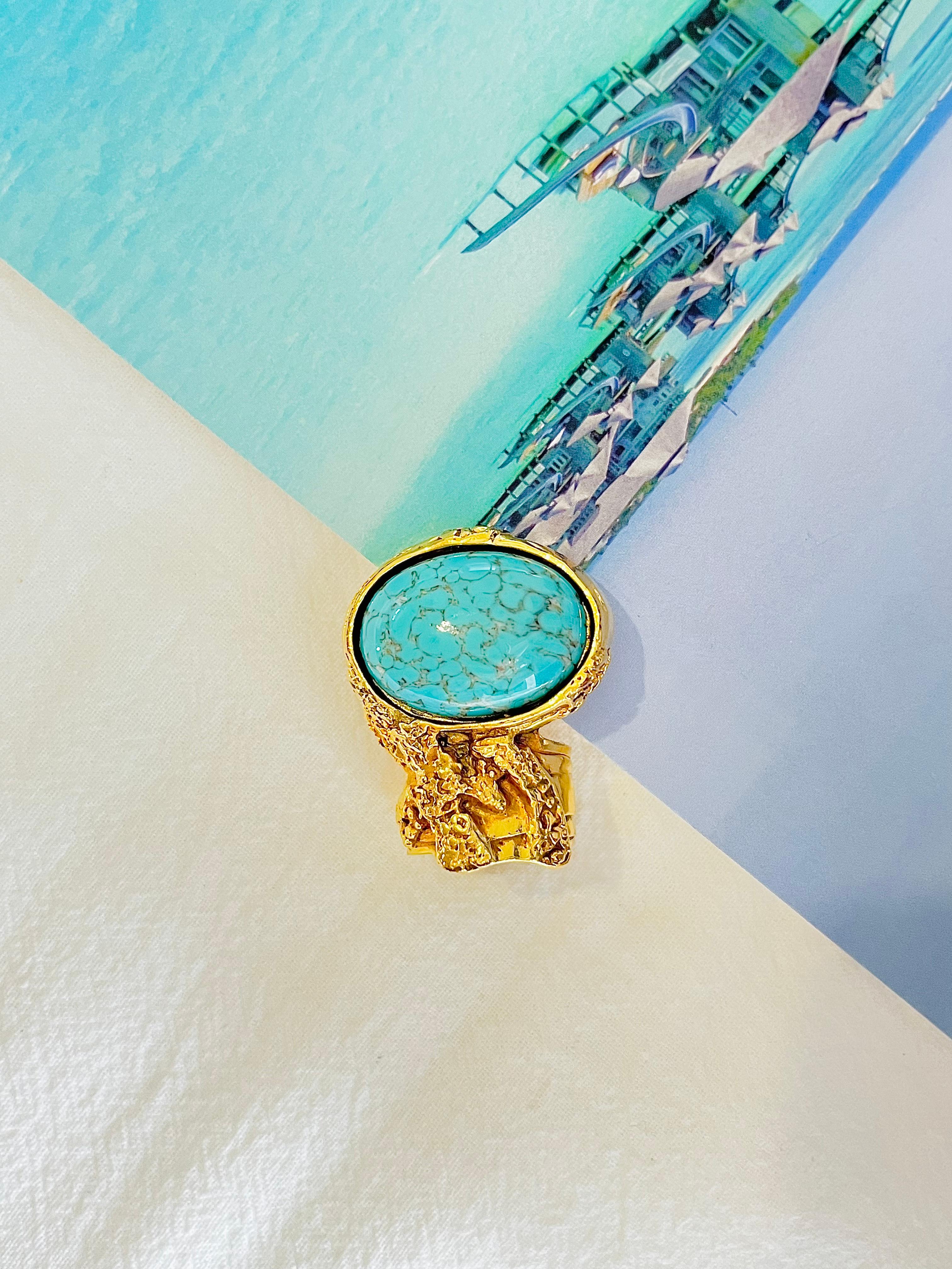 Yves Saint Laurent YSL Arty Türkis Statement Emaille Chunky Goldring, Größe 6 (Art déco) im Angebot