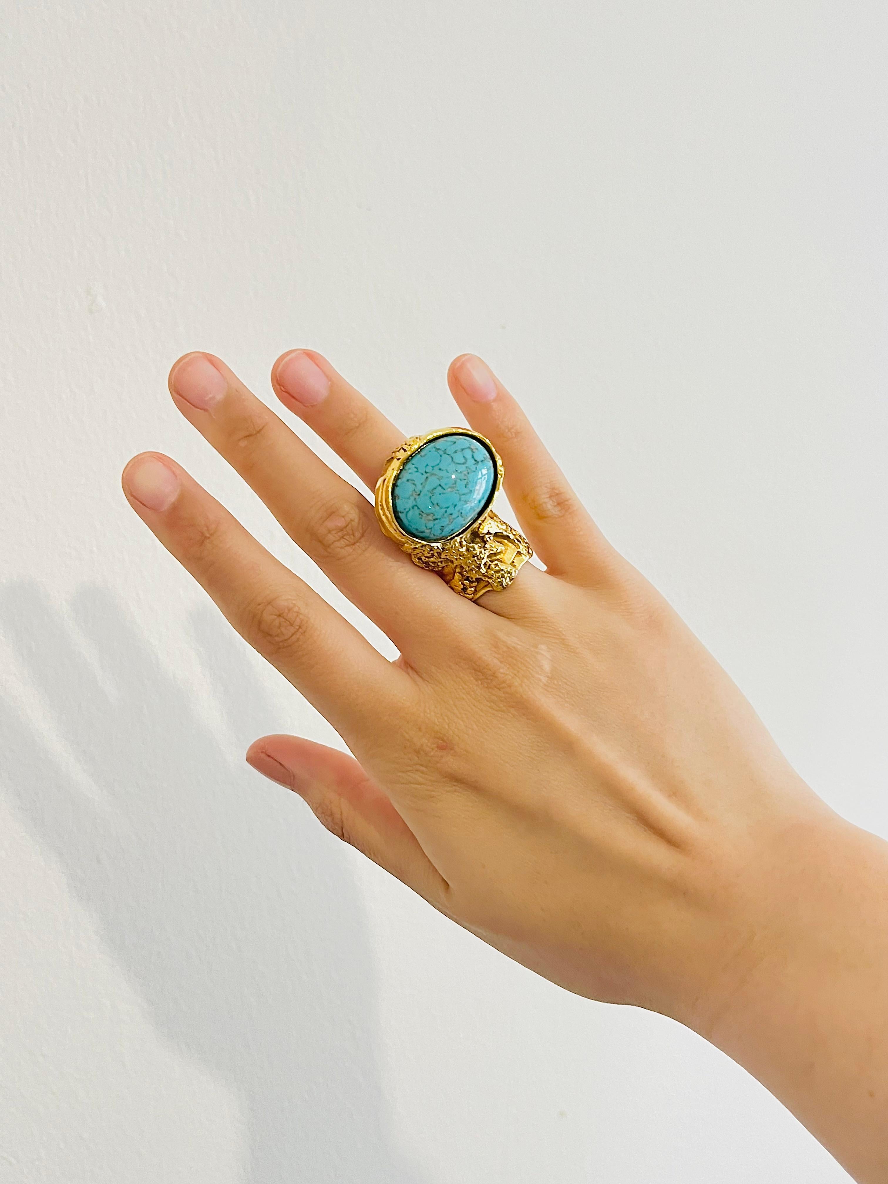 Yves Saint Laurent YSL Arty Türkis Statement Emaille Chunky Goldring, Größe 6 für Damen oder Herren im Angebot