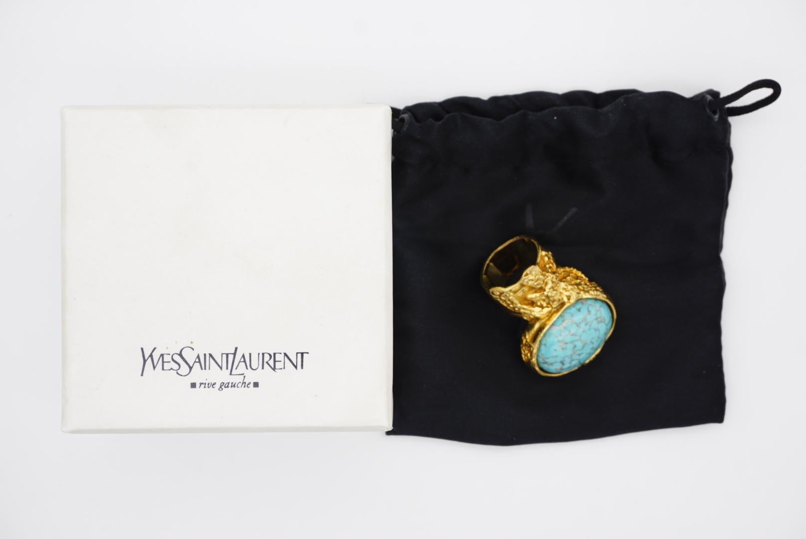Art Deco Yves Saint Laurent YSL Arty Turquoise Statement Enamel Chunky Gold Ring, Size 6 For Sale