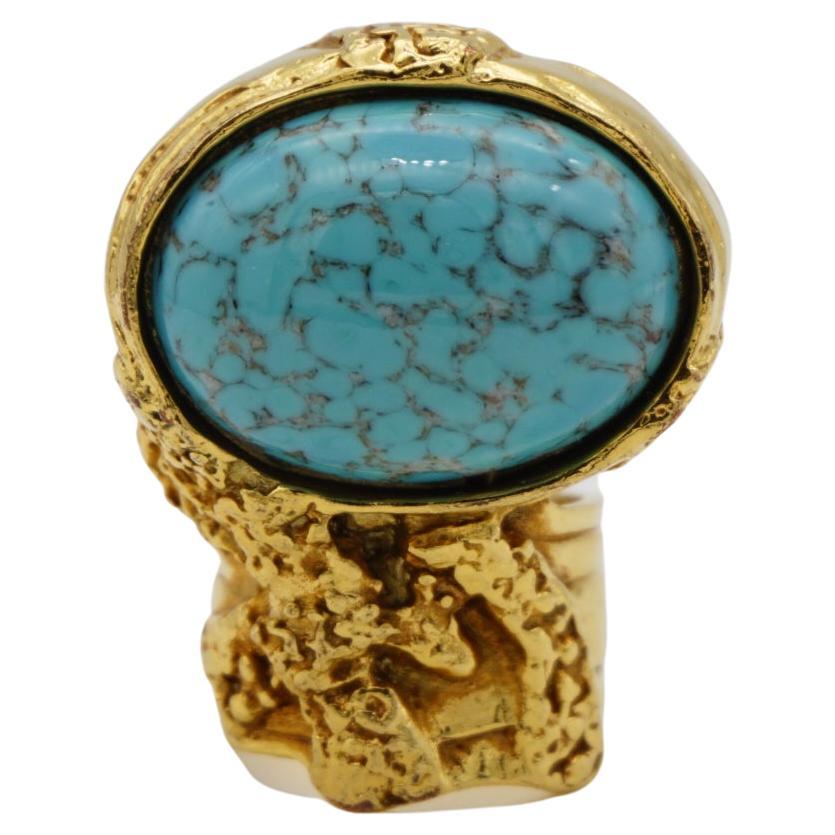 Yves Saint Laurent YSL Arty Turquoise Statement Enamel Chunky Gold Ring, Size 6 For Sale