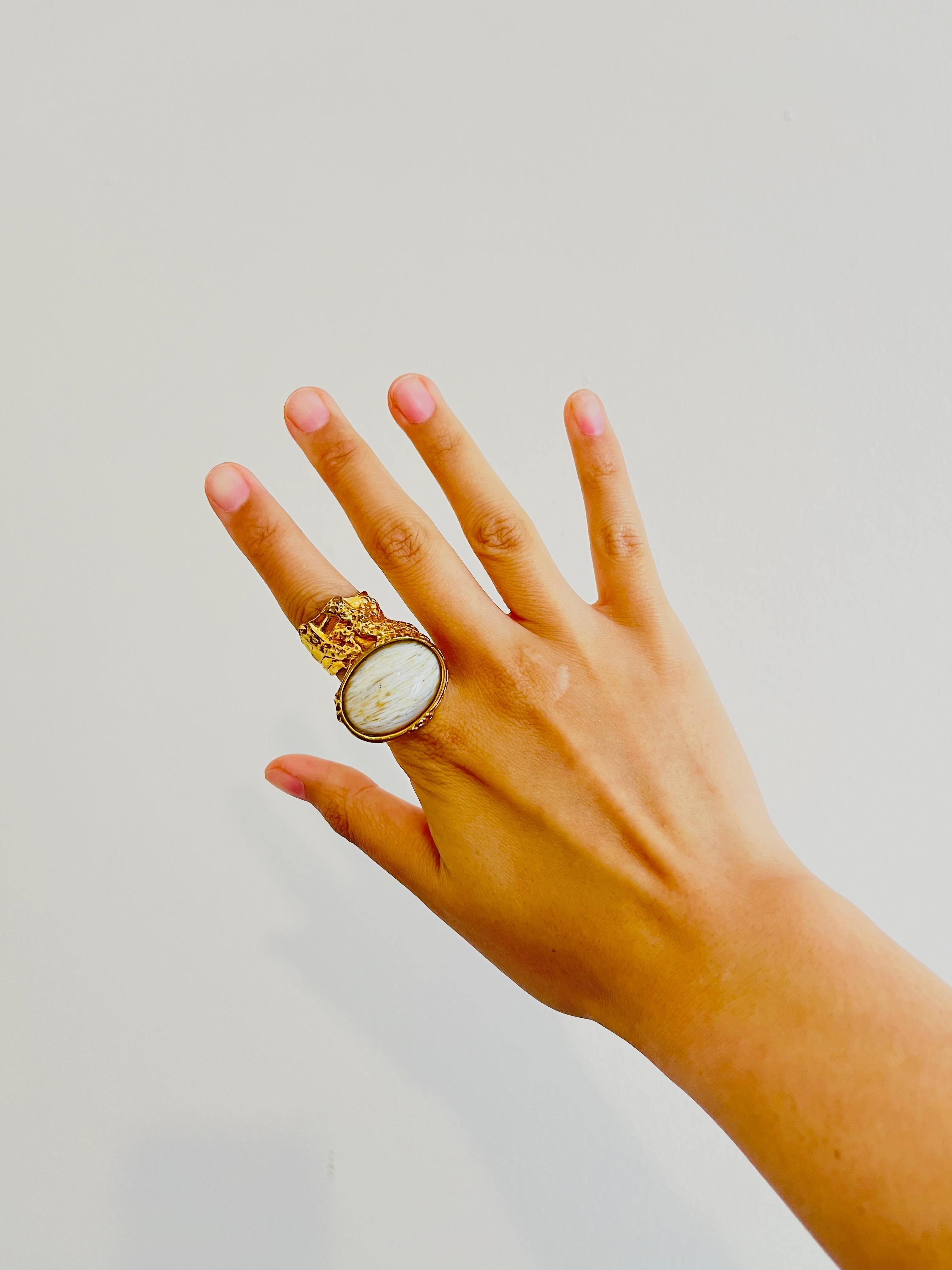 Art Nouveau Yves Saint Laurent YSL Arty White Beige Cabochon Statement Chunky Ring, Size 5