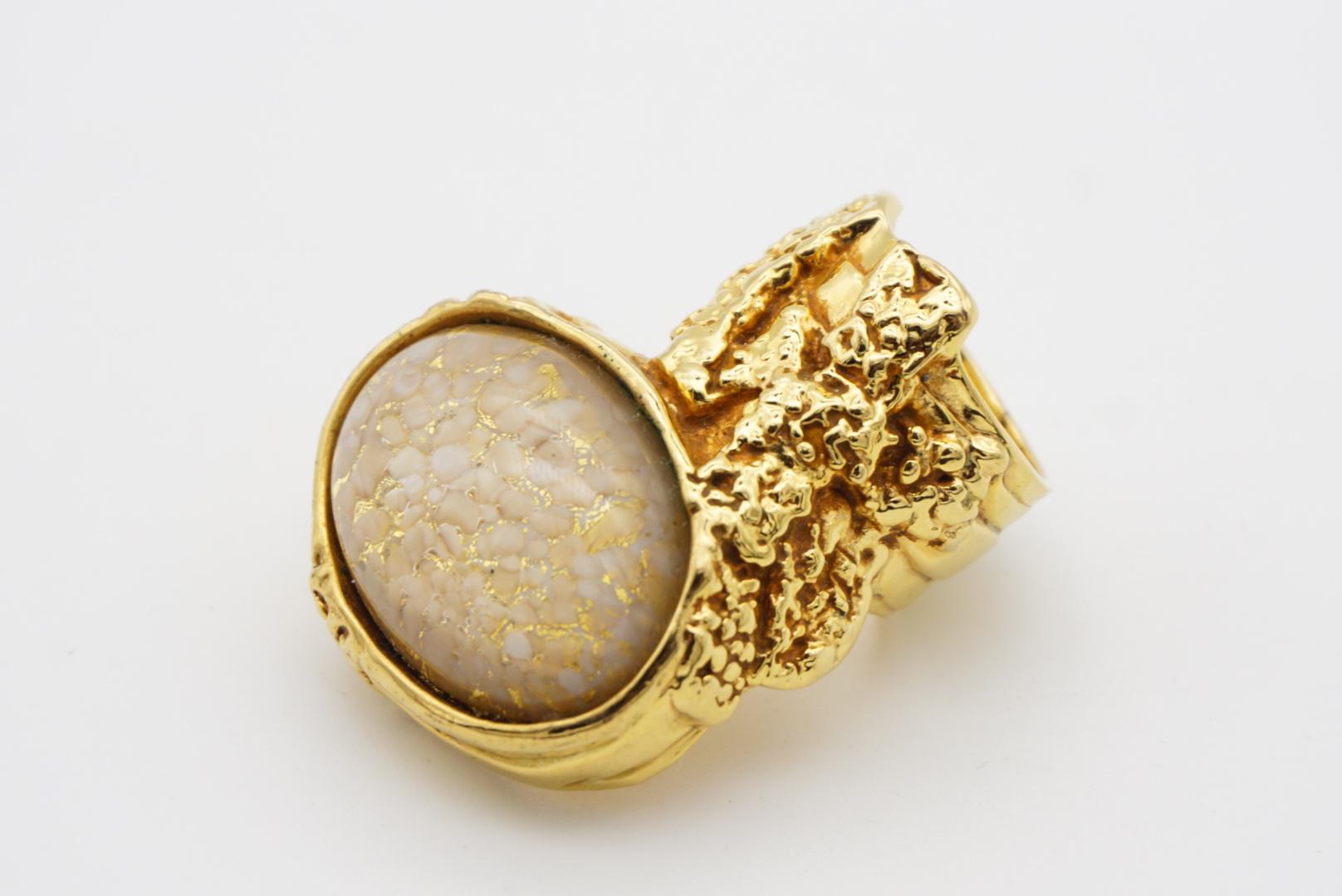 Art Nouveau Yves Saint Laurent YSL Arty White Cabochon Statement Enamel Gold Ring Size 4