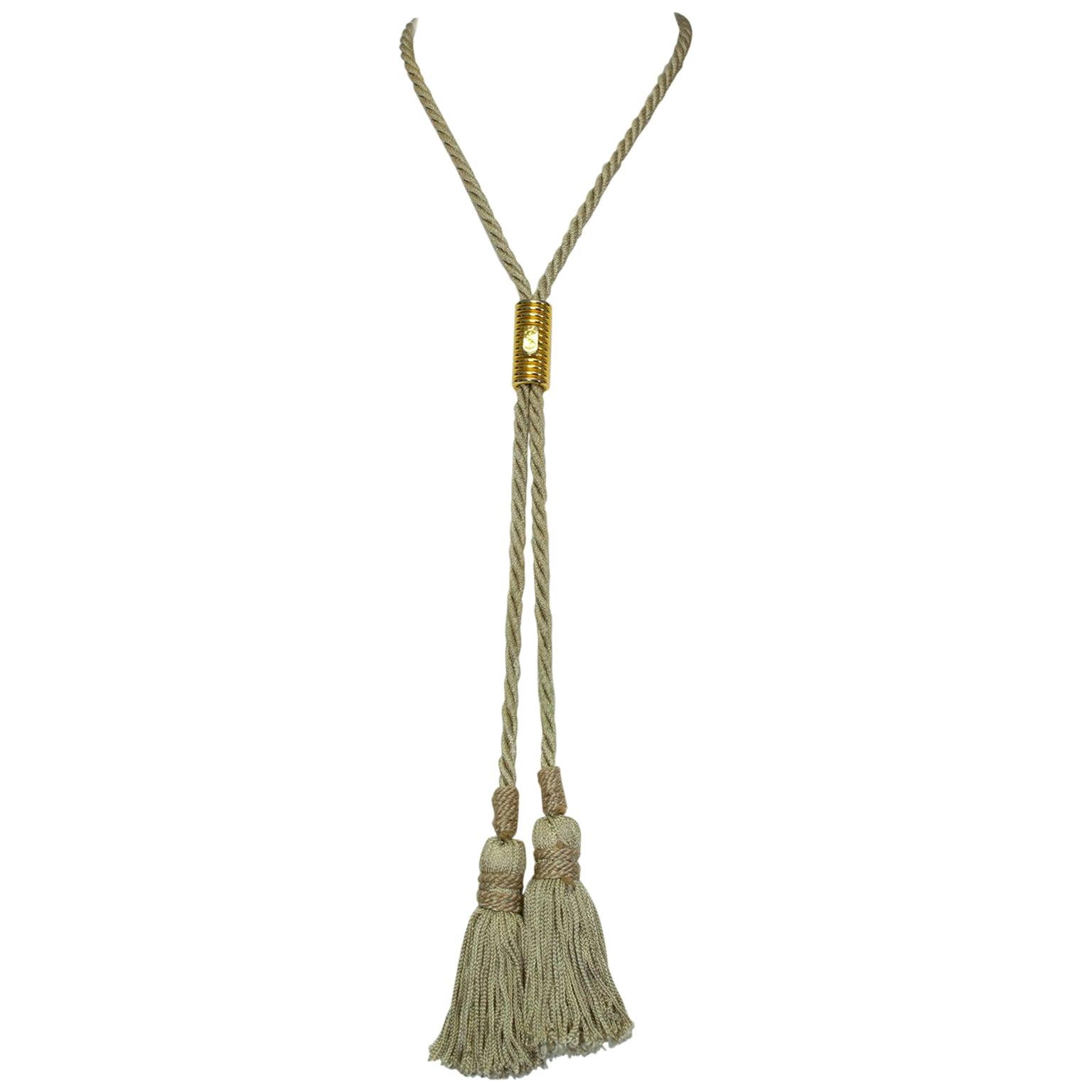 Yves Saint Laurent YSL Beige Silk Tassel Adjustable Lariat Necklace - 40", 1970s