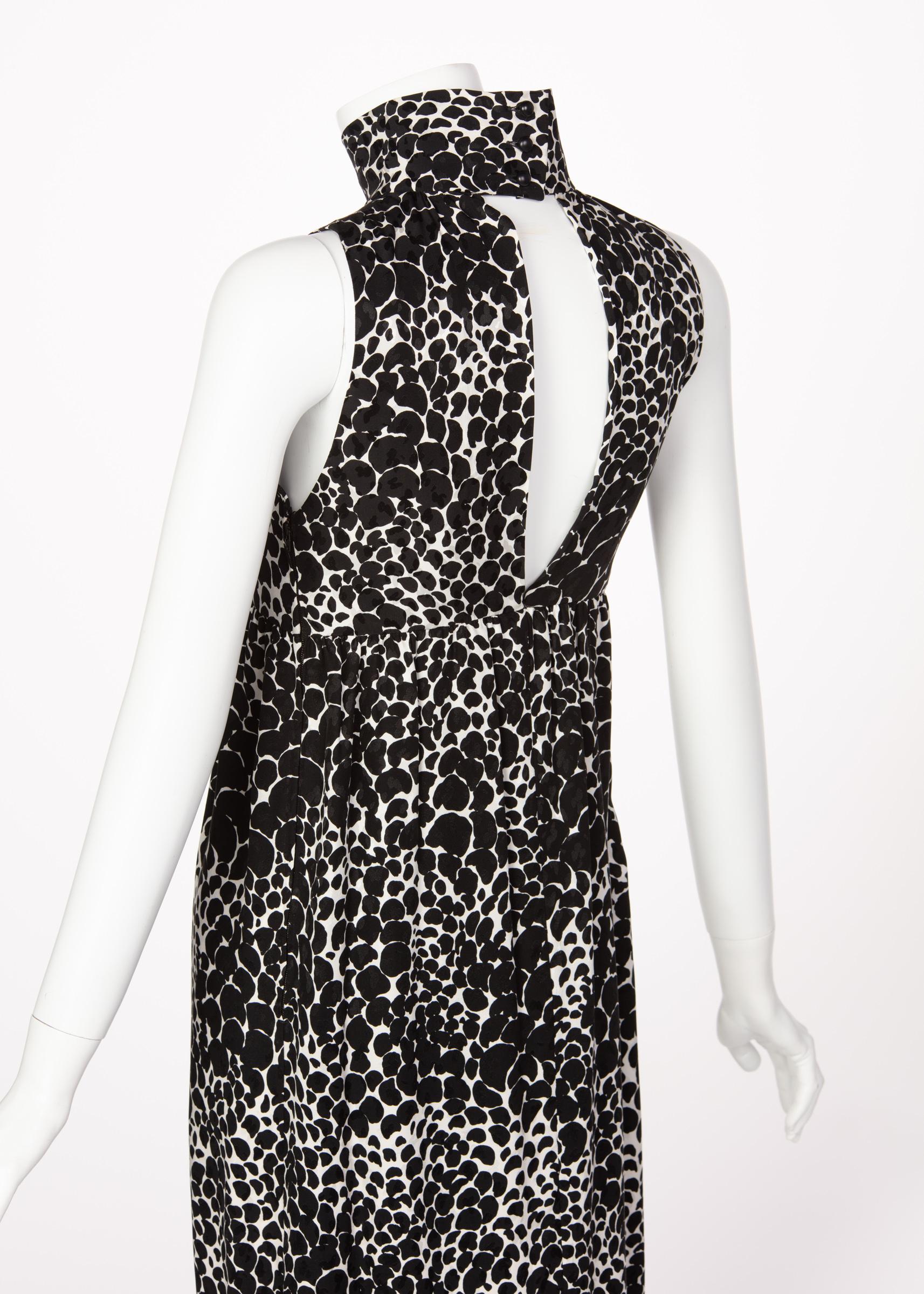 Women's Yves Saint Laurent YSL Black and White Silk Print High Neck Evening Dress, 1985