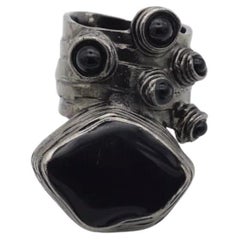 Yves Saint Laurent YSL Black Cabochon Enamel Silver Dots Chunky Ring, Size 6