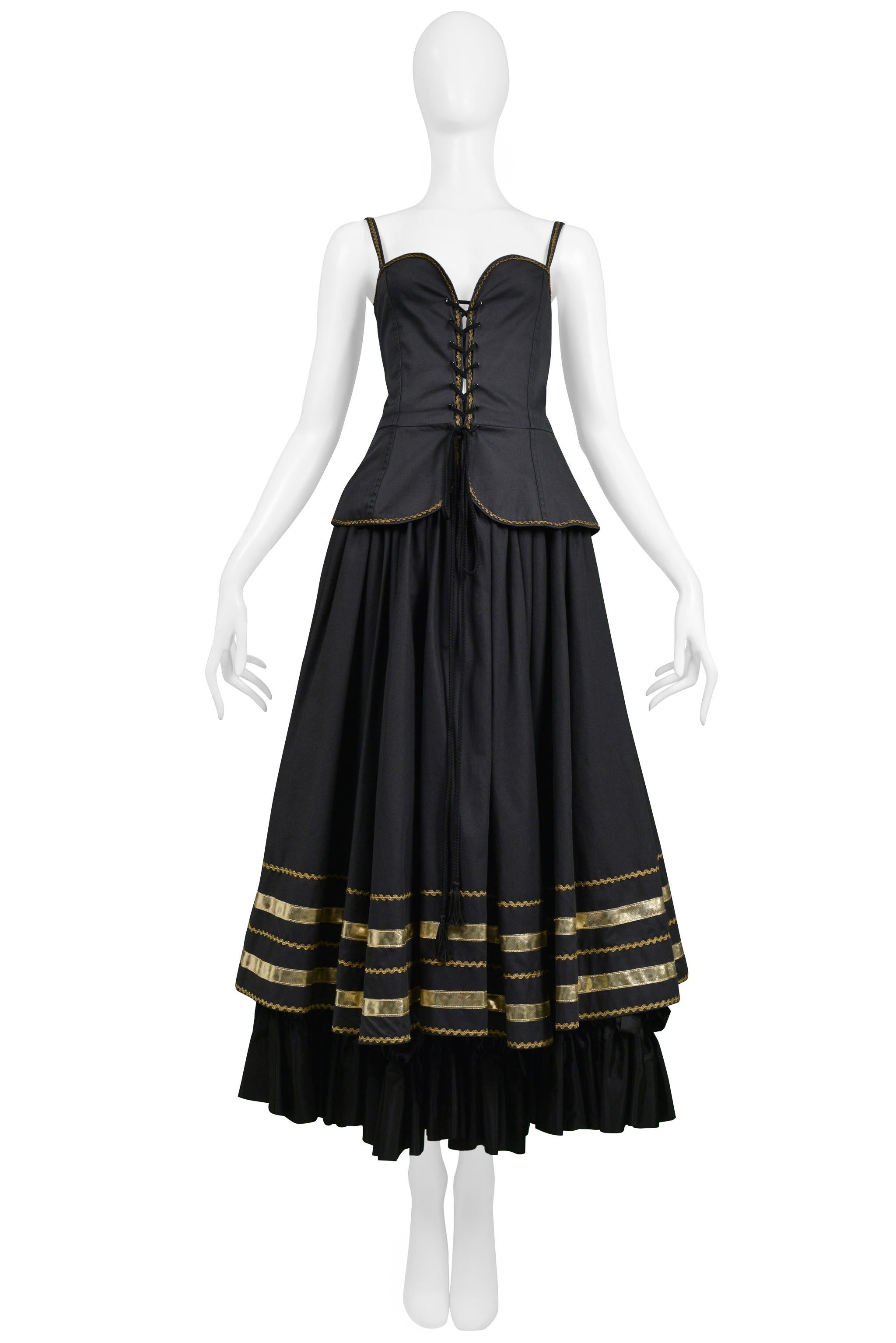 Yves Saint Laurent Ysl Black & Gold Corset Top & Fancy Peasant Skirt 1970s In Good Condition For Sale In Los Angeles, CA