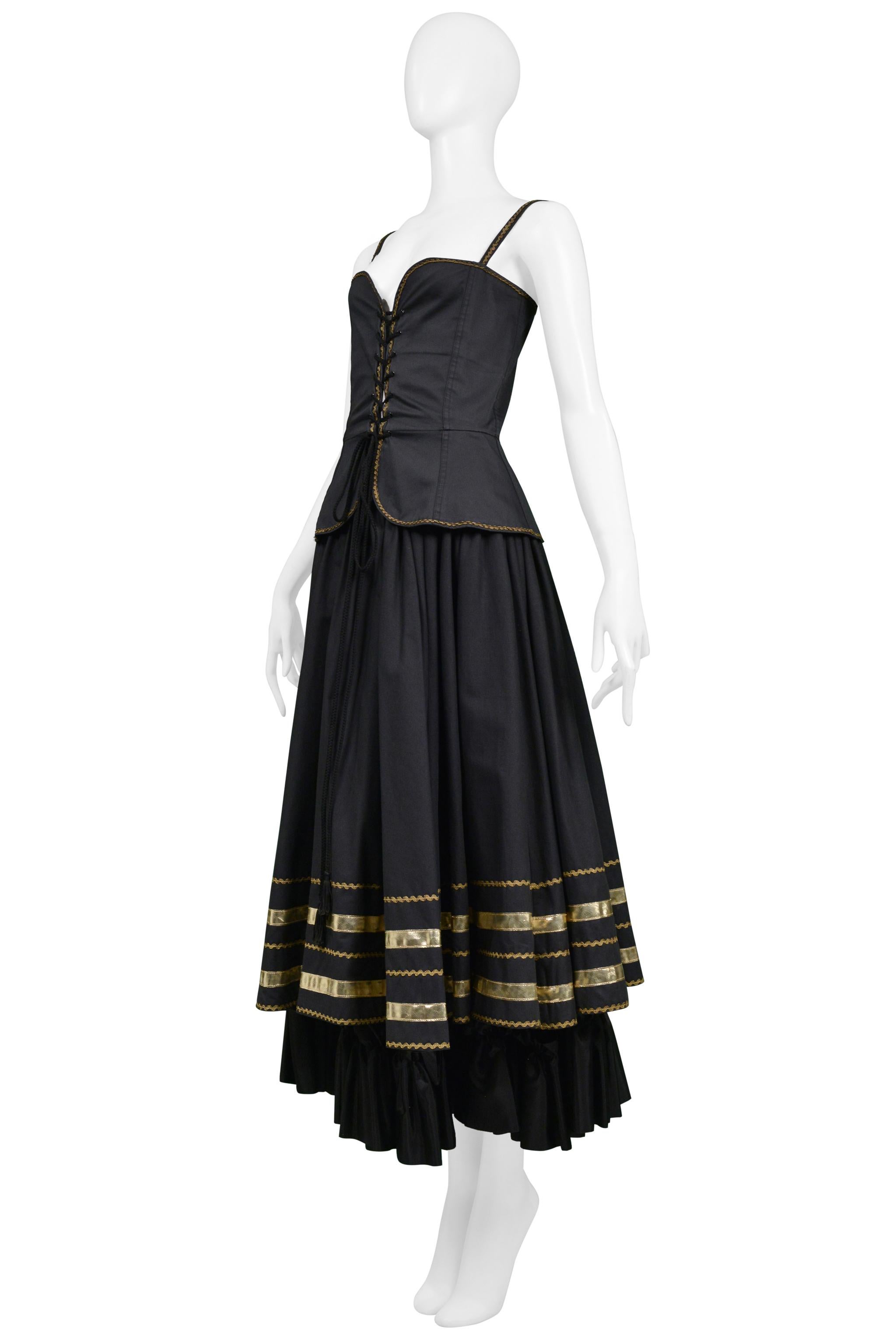 Women's Yves Saint Laurent Ysl Black & Gold Corset Top & Fancy Peasant Skirt 1970s For Sale