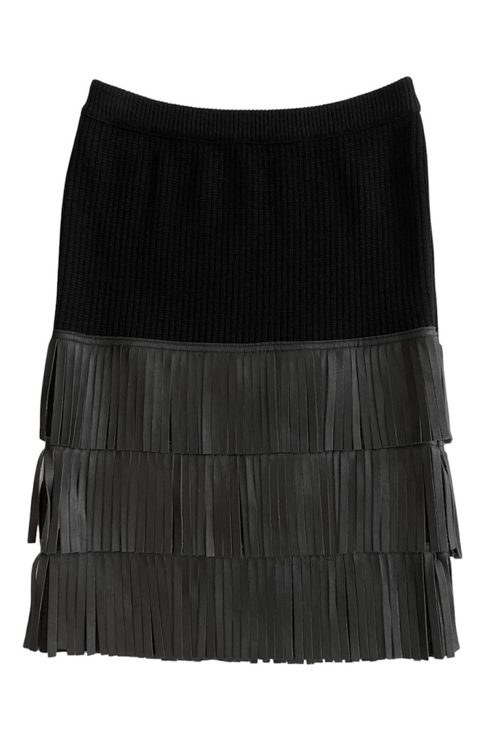 Yves Saint Laurent YSL Black Knit Scarf And Skirt With Leather Fringe In Excellent Condition For Sale In Los Angeles, CA