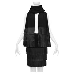 Yves Saint Laurent YSL - Écharpe et jupe en maille noire avec frange en cuir