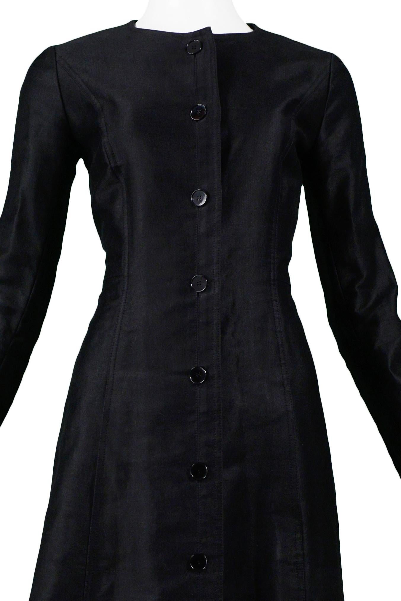 Yves Saint Laurent YSL Black Sateen Button Front Coat 1970s In Excellent Condition For Sale In Los Angeles, CA