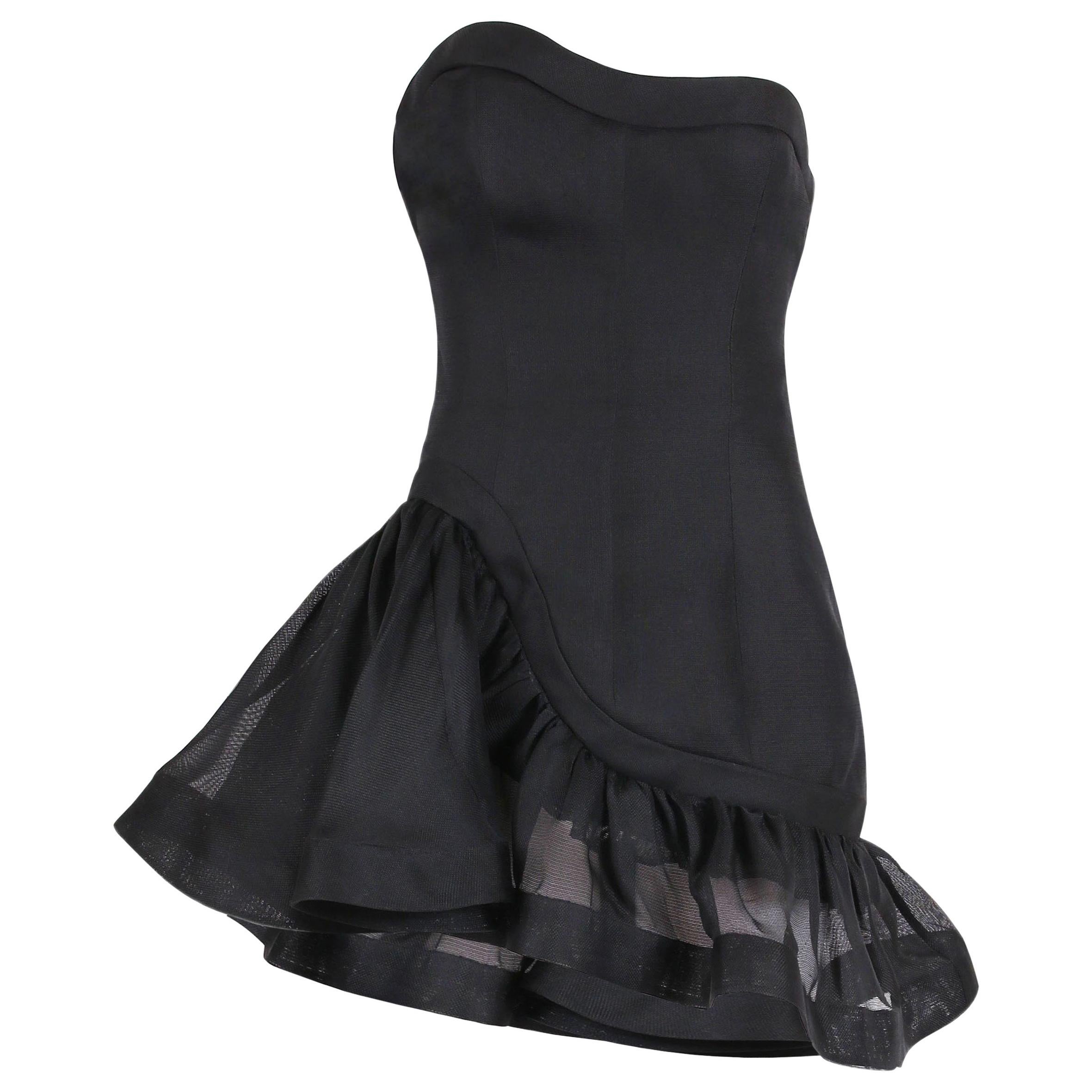 Yves Saint Laurent YSL Black Strapless Gazar Mini Cocktail Dress with Poppies