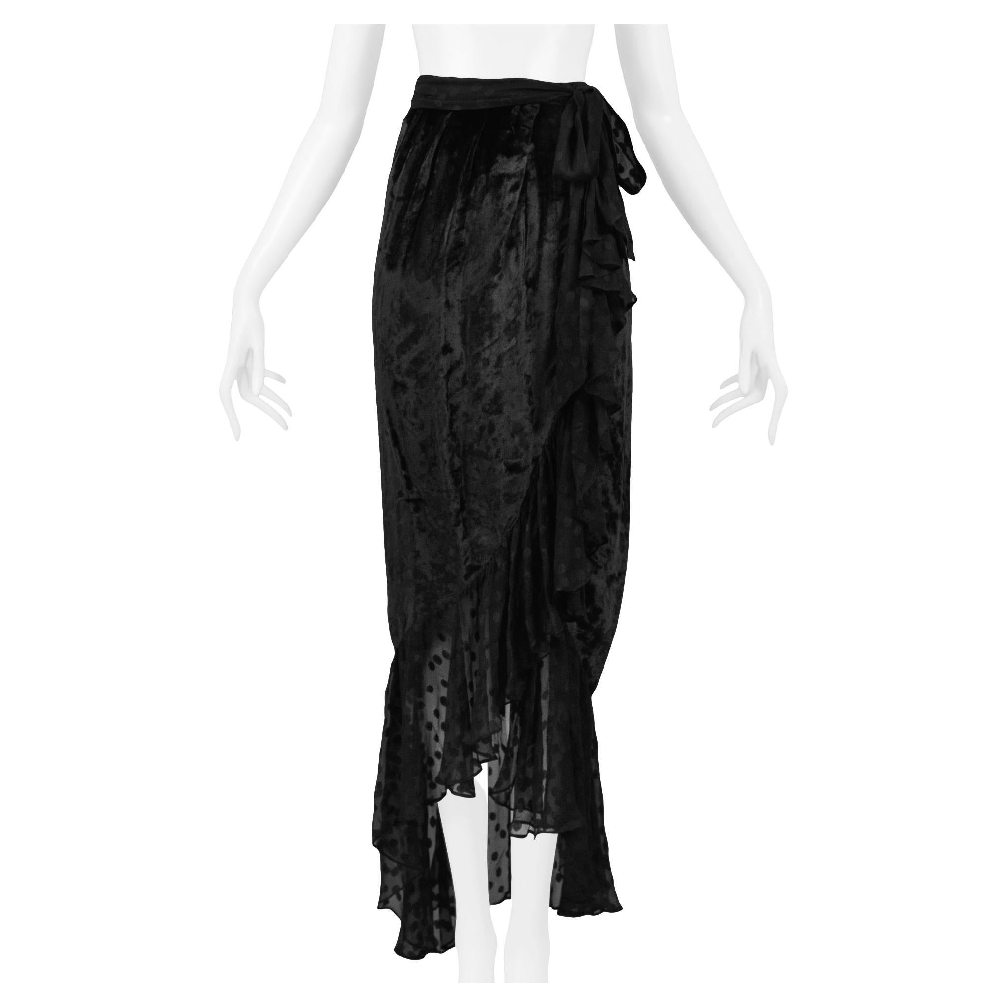 Yves Saint Laurent YSL Black Velvet & Chiffon Dot Ruffle Evening Skirt