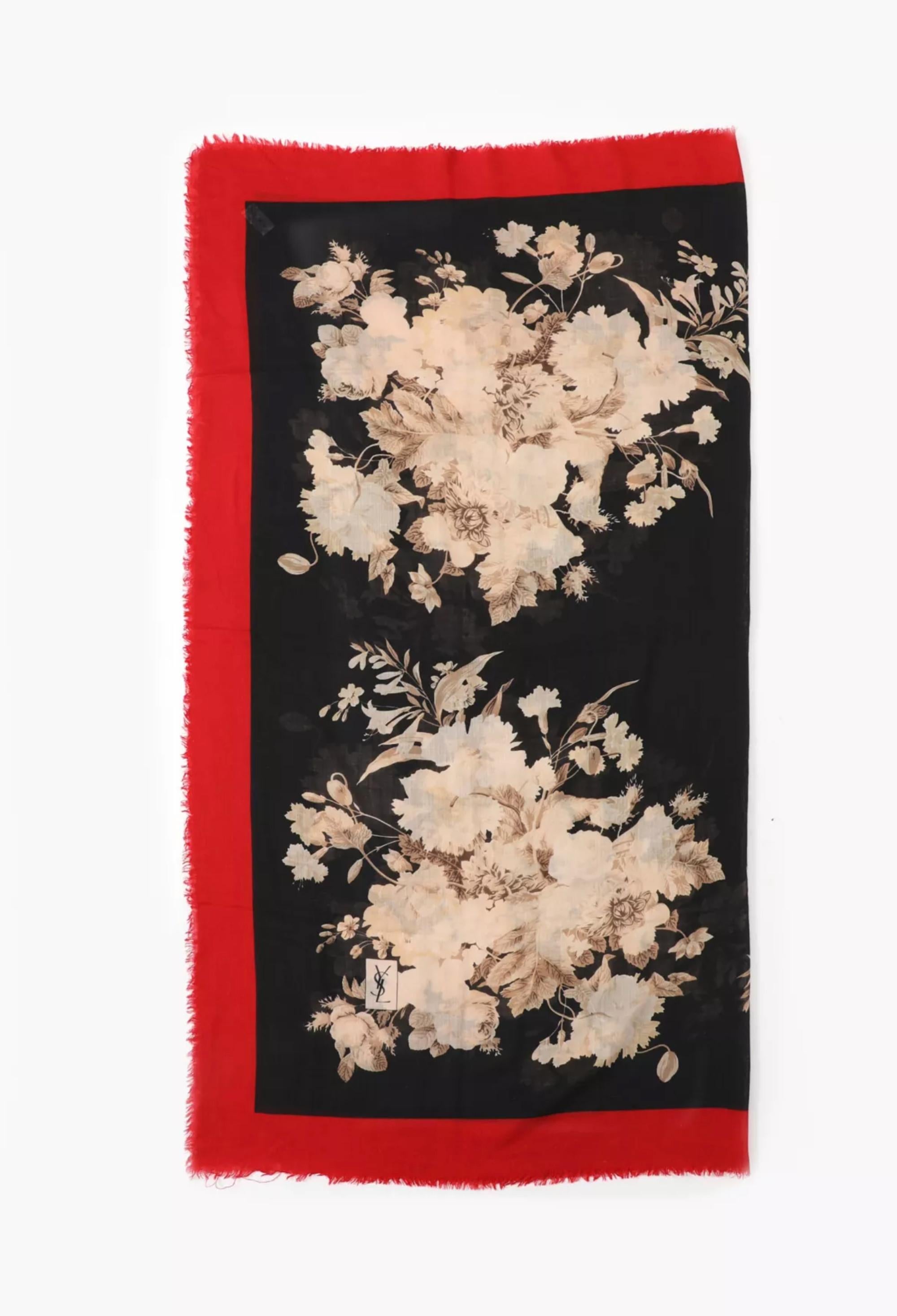 Yves Saint Laurent Bufanda floral de lana y seda negra YSL Marrón en venta
