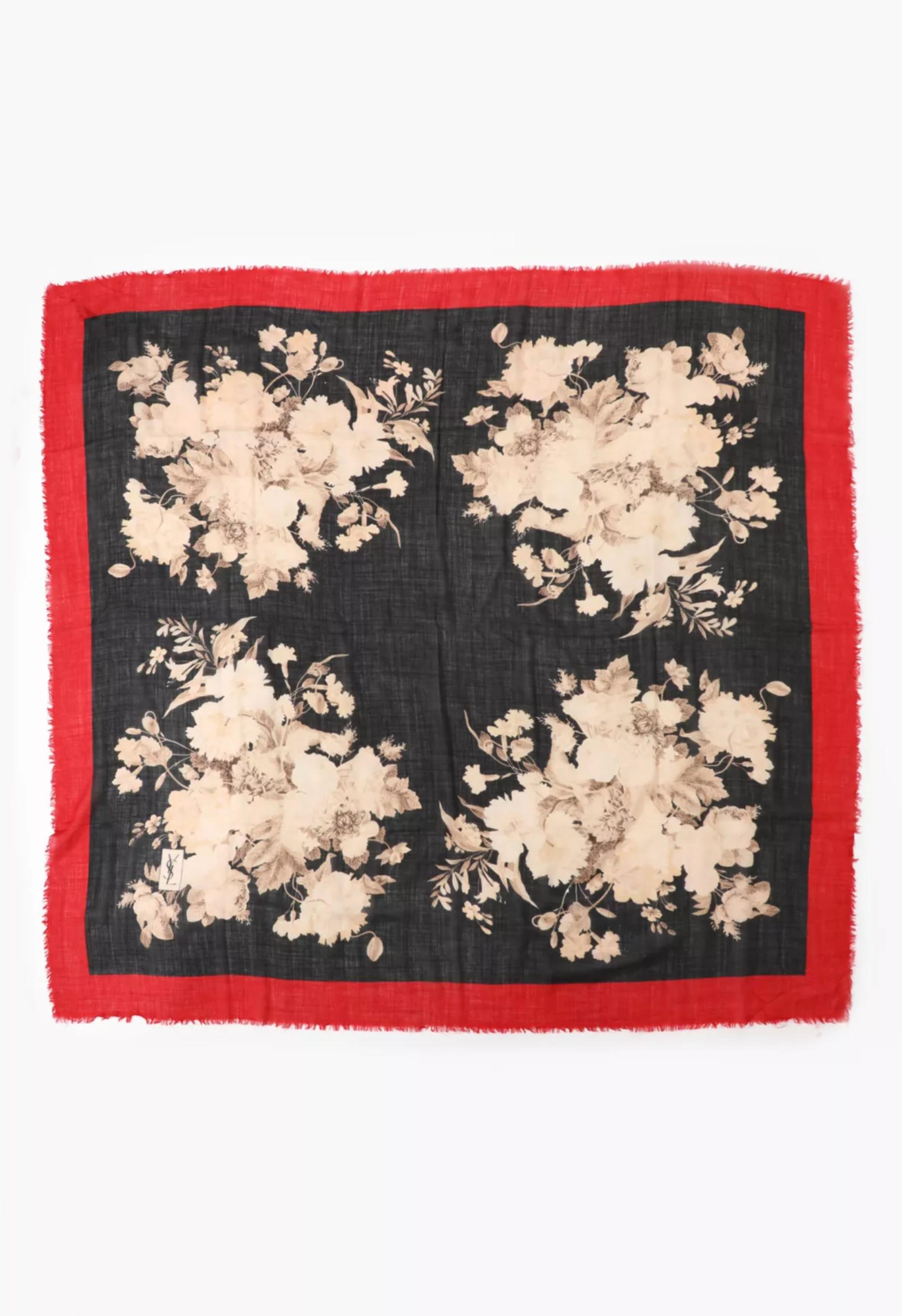 Femenino o masculino Yves Saint Laurent Bufanda floral de lana y seda negra YSL en venta