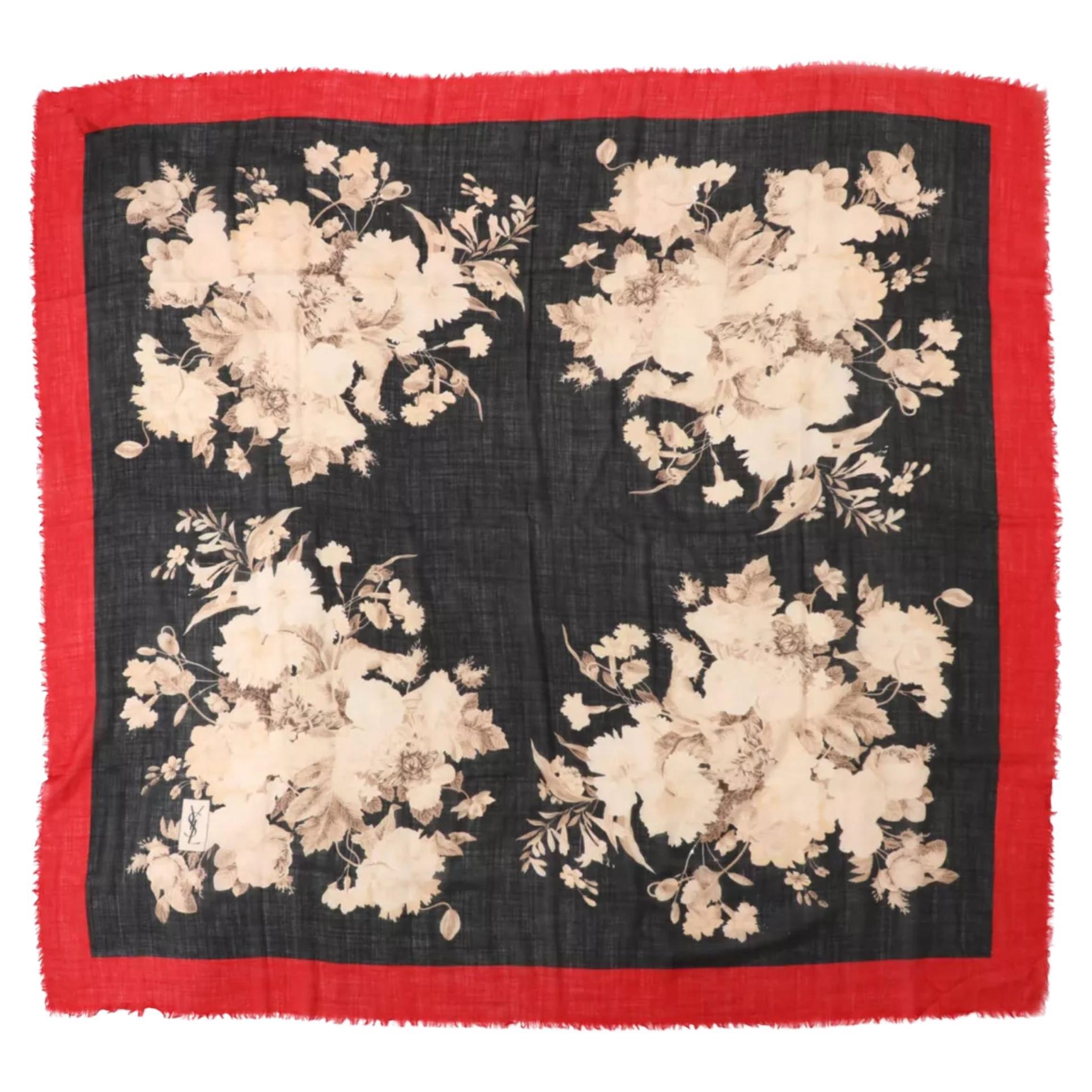 Yves Saint Laurent Bufanda floral de lana y seda negra YSL en venta