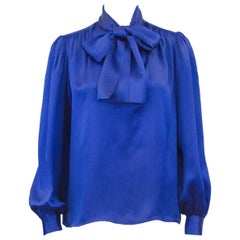 Yves Saint Laurent YSL Blue and Black Chevron Printed Silk Pussybow Blouse, 1980