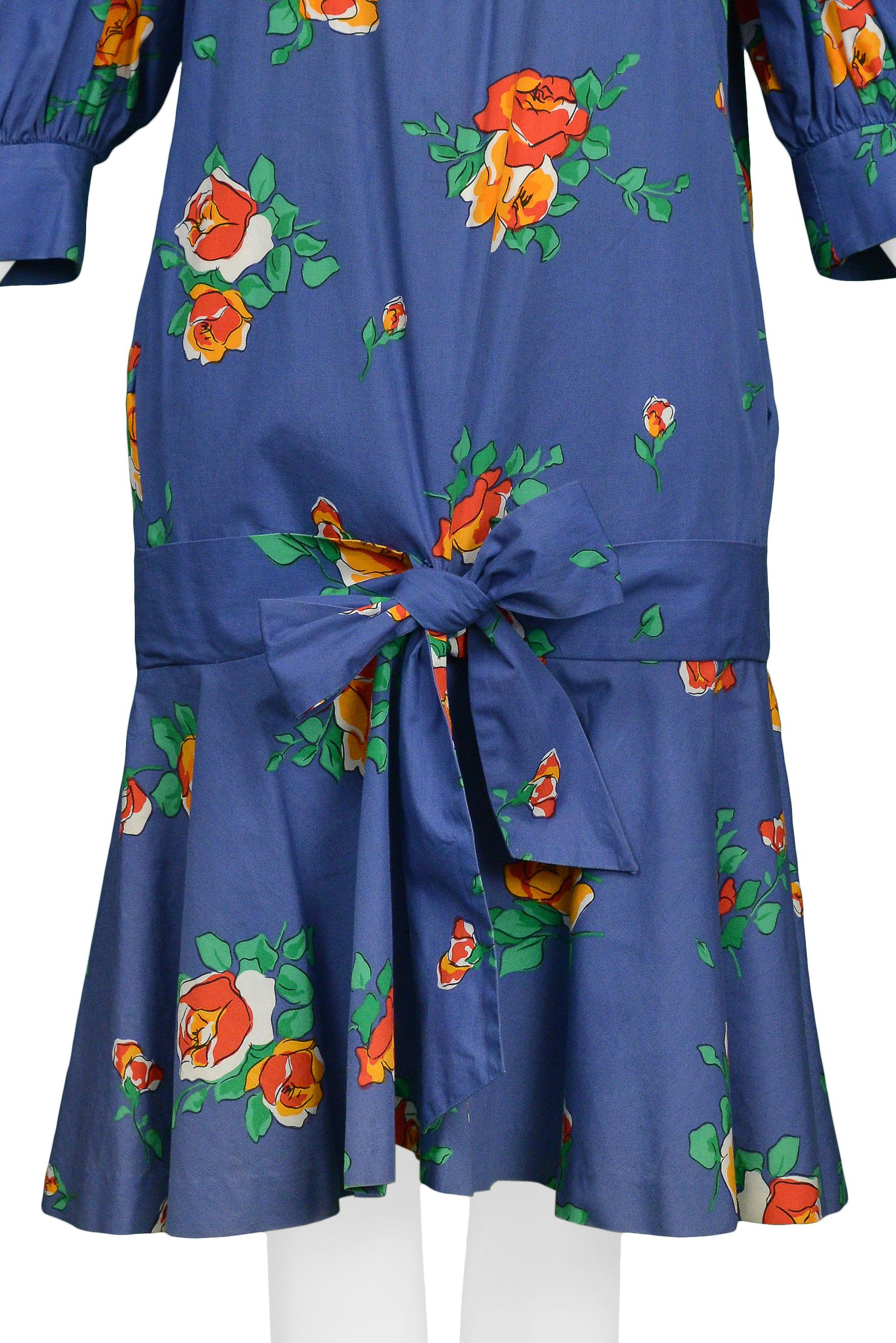 Yves Saint Laurent YSL Blue Floral Drop Dress In Excellent Condition For Sale In Los Angeles, CA