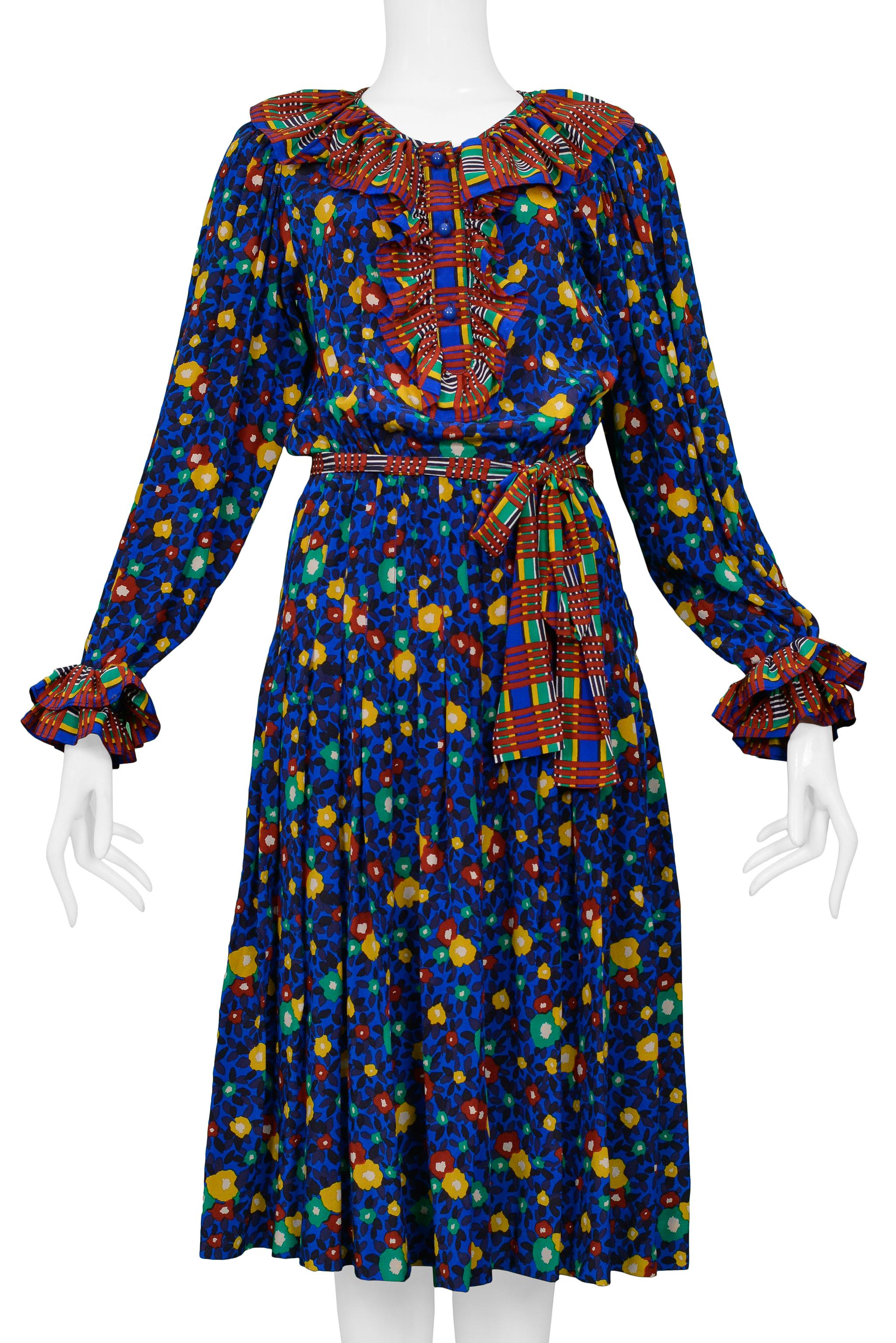 Black Yves Saint Laurent YSL Blue Floral With Plaid Trim Dress 1980 For Sale