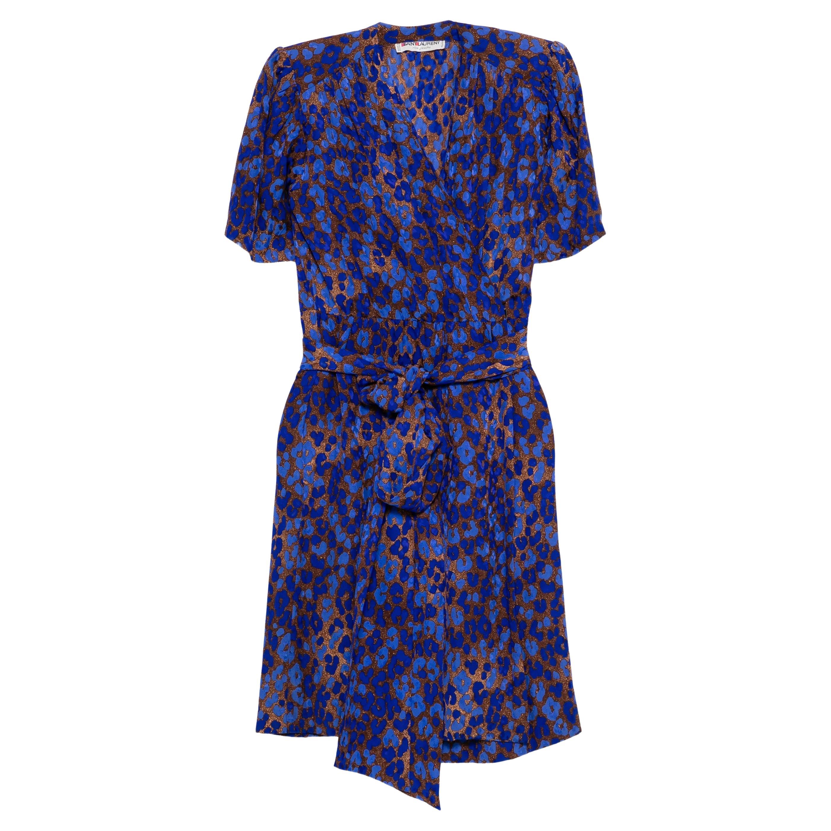 Yves Saint Laurent YSL Blaues bedrucktes Seidenkleid im Angebot