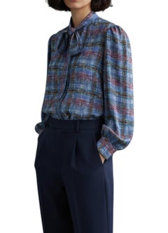 Yves Saint Laurent YSL Blue Silk Check Lavalliere Blouse
