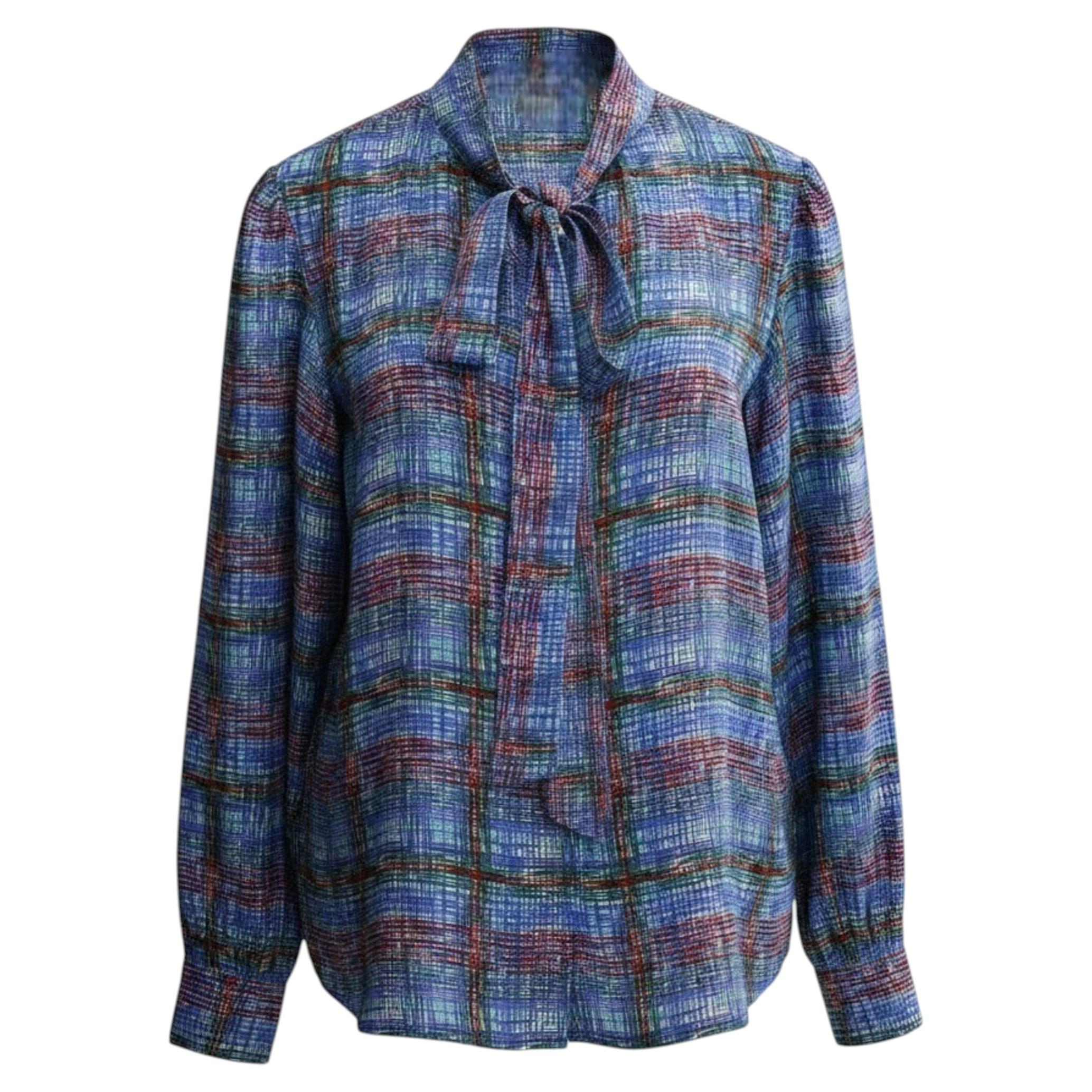 Yves Saint Laurent YSL Camicetta Lavalliere in seta blu a quadri