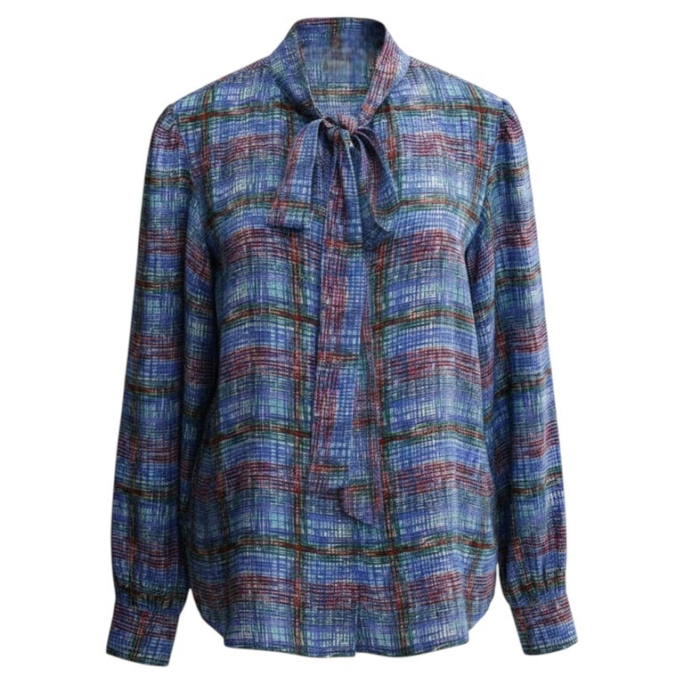 Yves Saint Laurent YSL Blue Silk Check Lavalliere Blouse For Sale at 1stDibs