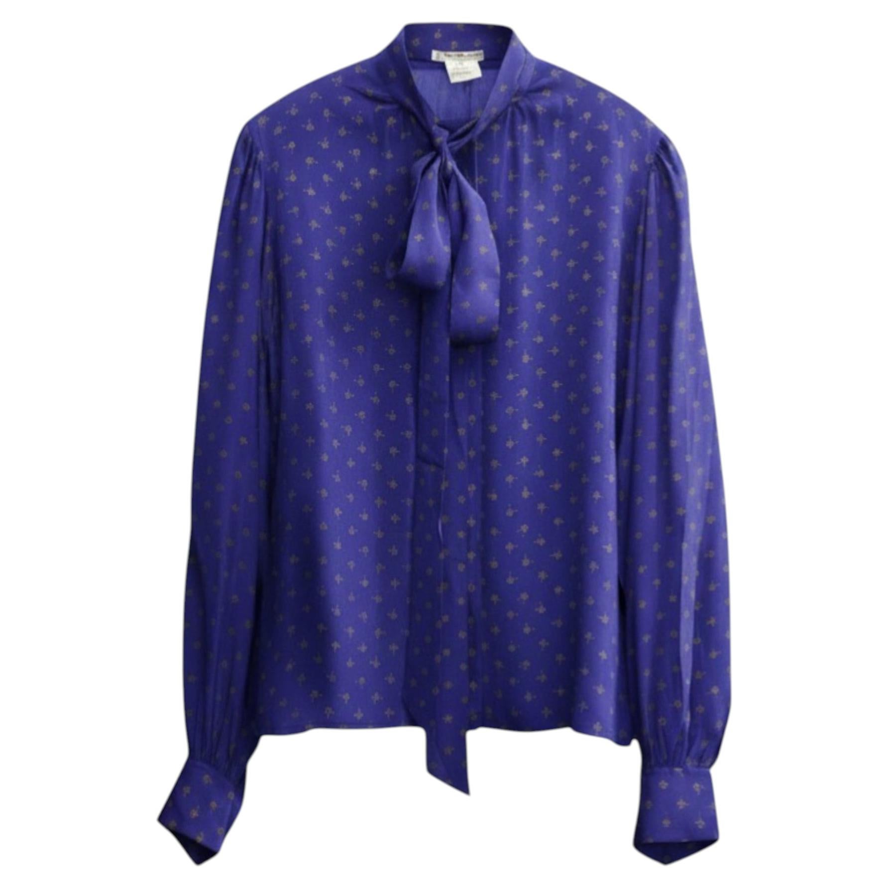Yves Saint Laurent YSL Camicetta Lavalliere in seta blu