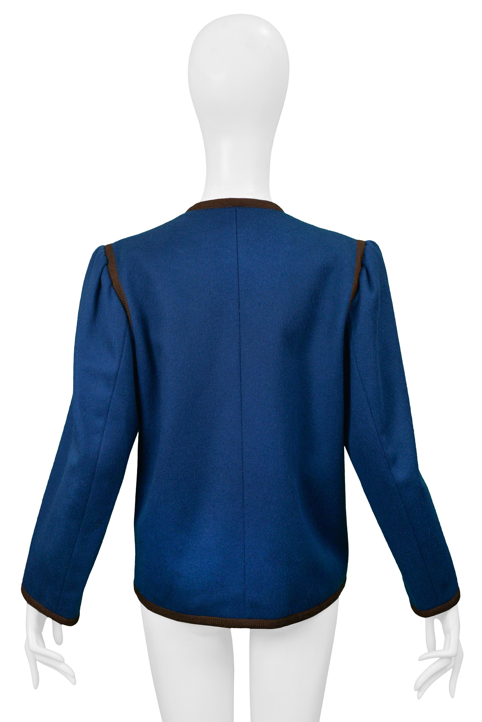 Yves Saint Laurent YSL Blue Wool Cropped Jacket With Brown Trim In Good Condition For Sale In Los Angeles, CA
