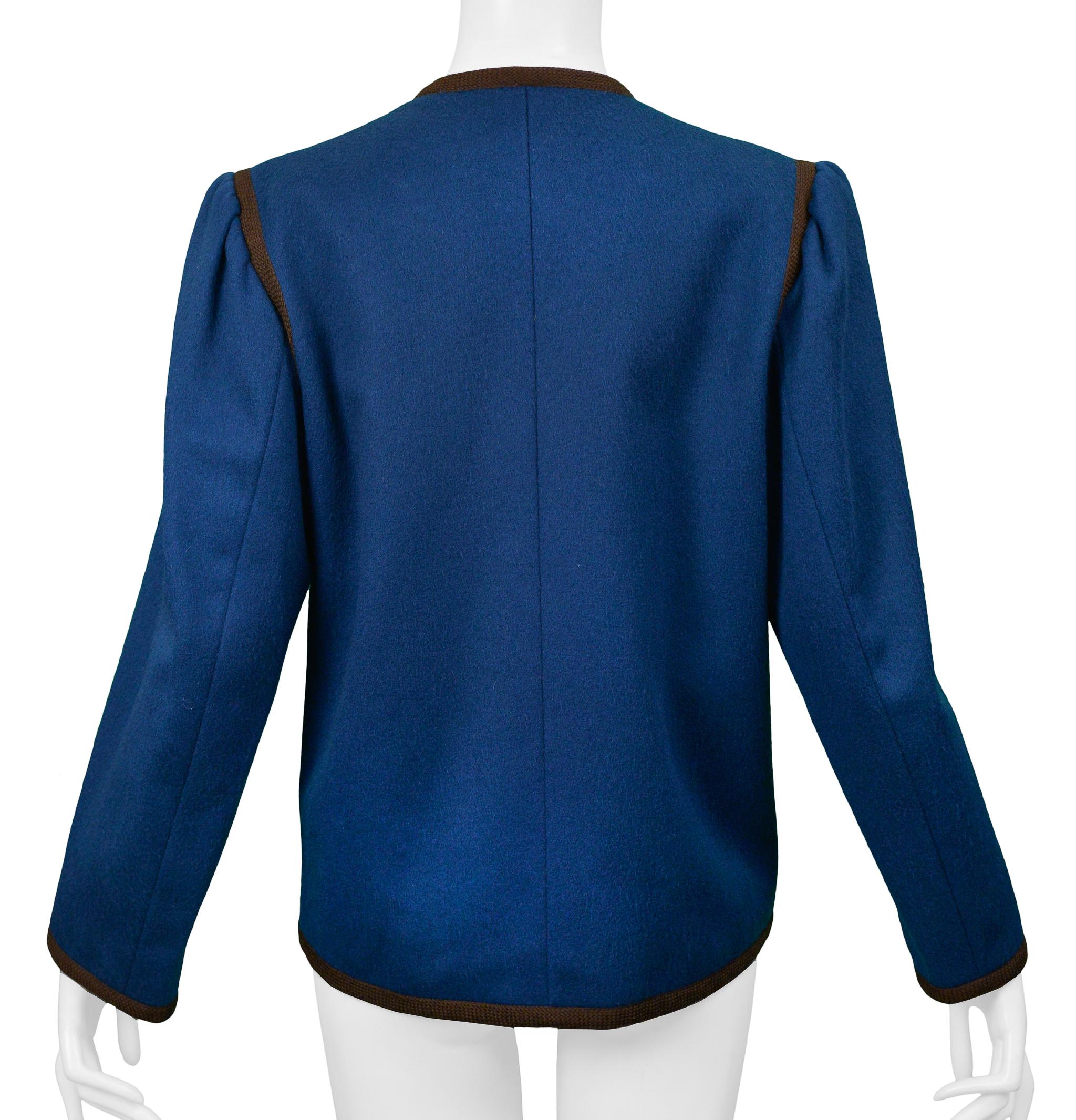 Women's Yves Saint Laurent YSL Blue Wool Cropped Jacket With Brown Trim For Sale