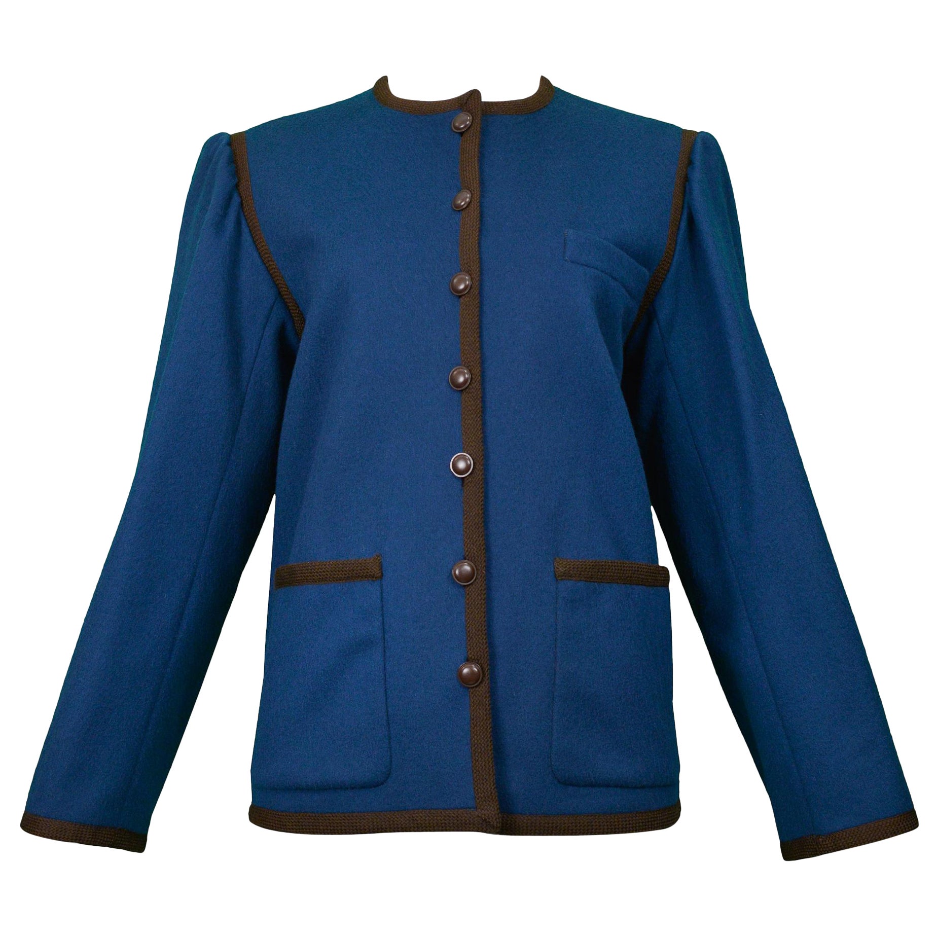 Yves Saint Laurent YSL Chaqueta recortada de lana azul con ribetes marrones