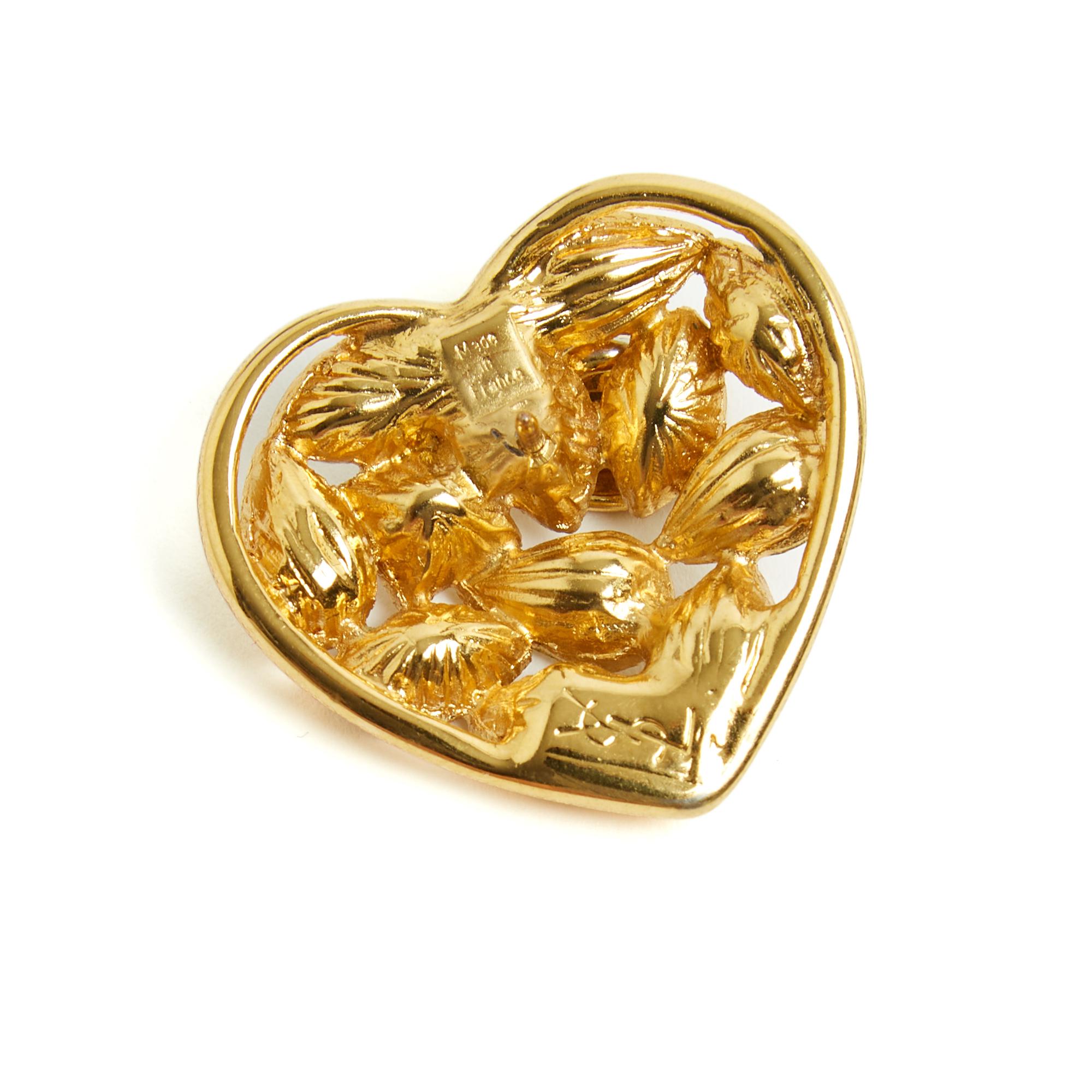 Yves Saint Laurent YSL Broche Pin Coeur Strass 1995s Golden Heart Brooch Pin In Excellent Condition For Sale In PARIS, FR