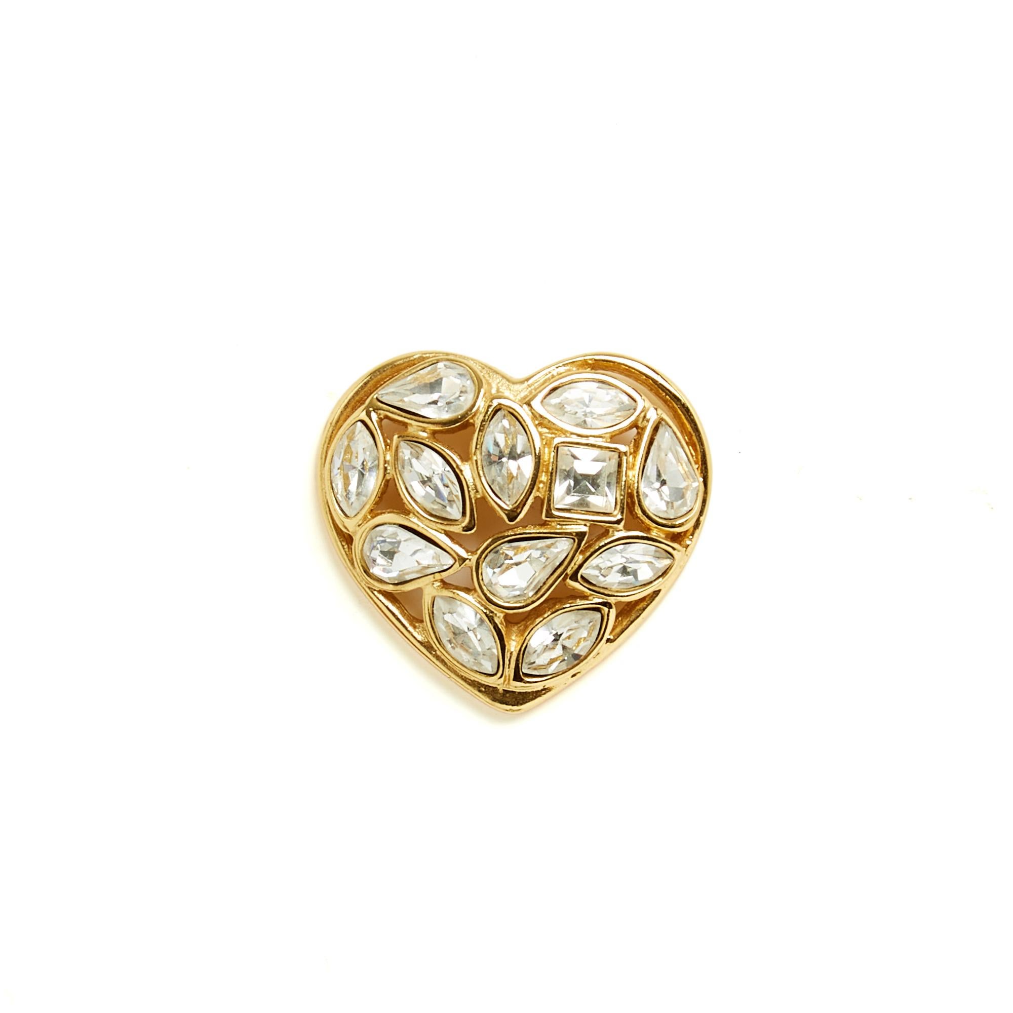 Women's or Men's Yves Saint Laurent YSL Broche Pin Coeur Strass 1995s Golden Heart Brooch Pin For Sale