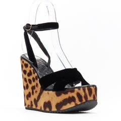 YVES SAINT LAURENT YSL brown leopard print pony hair velvet platform wedge EU36