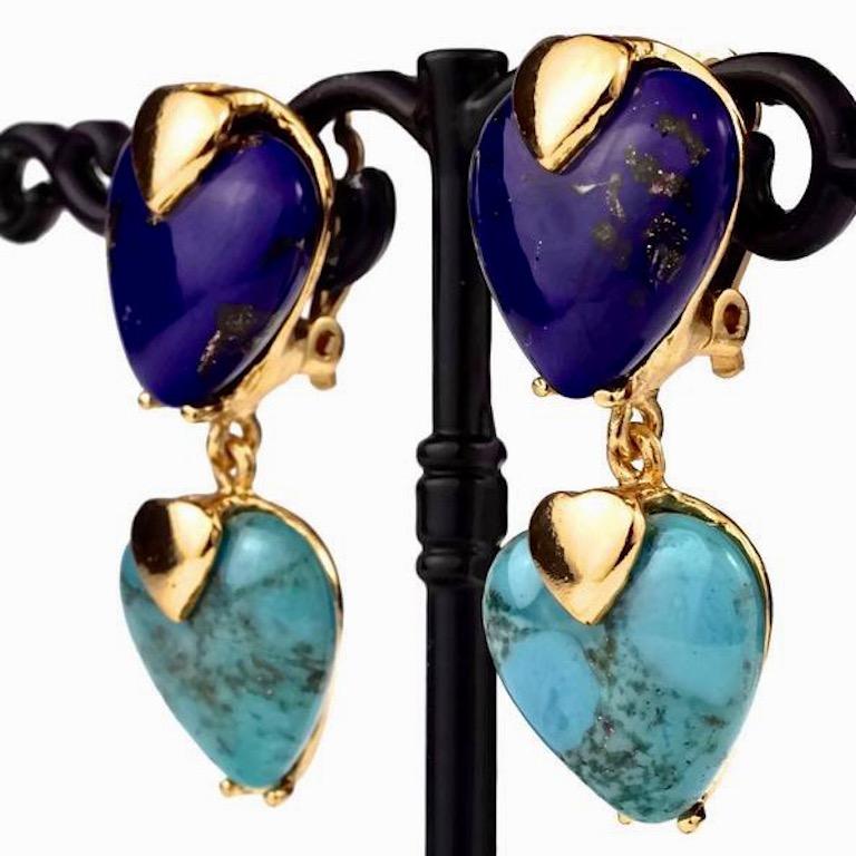 YVES SAINT LAURENT Ysl by Goossens Lapis Lazuli Turquoise Heart Drop Earrings 2