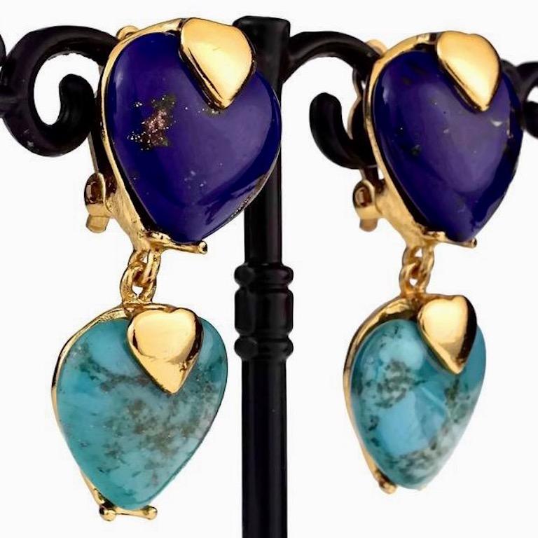 YVES SAINT LAURENT Ysl by Goossens Lapis Lazuli Turquoise Heart Drop Earrings 3