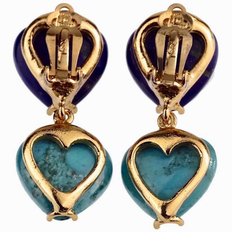 YVES SAINT LAURENT Ysl by Goossens Lapis Lazuli Turquoise Heart Drop Earrings 4