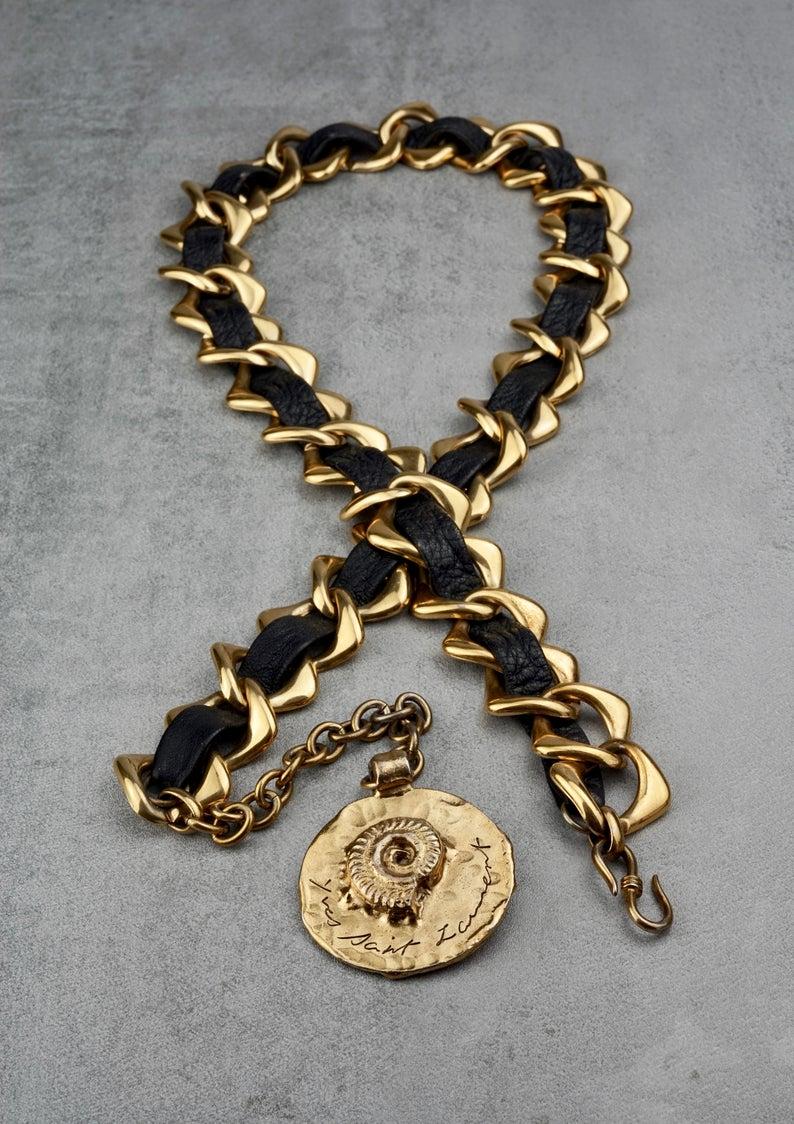 Black YVES SAINT LAURENT Ysl by Robert Goossens Chain Leather Fossil Medallion Belt