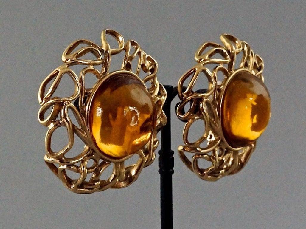 YVES SAINT LAURENT Ysl by Robert Goossens Citrine Cabochon Wire Cage Earrings 3