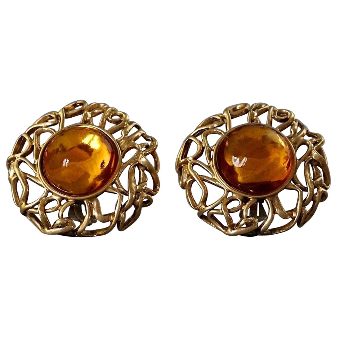 YVES SAINT LAURENT Ysl by Robert Goossens Citrine Cabochon Wire Cage Earrings