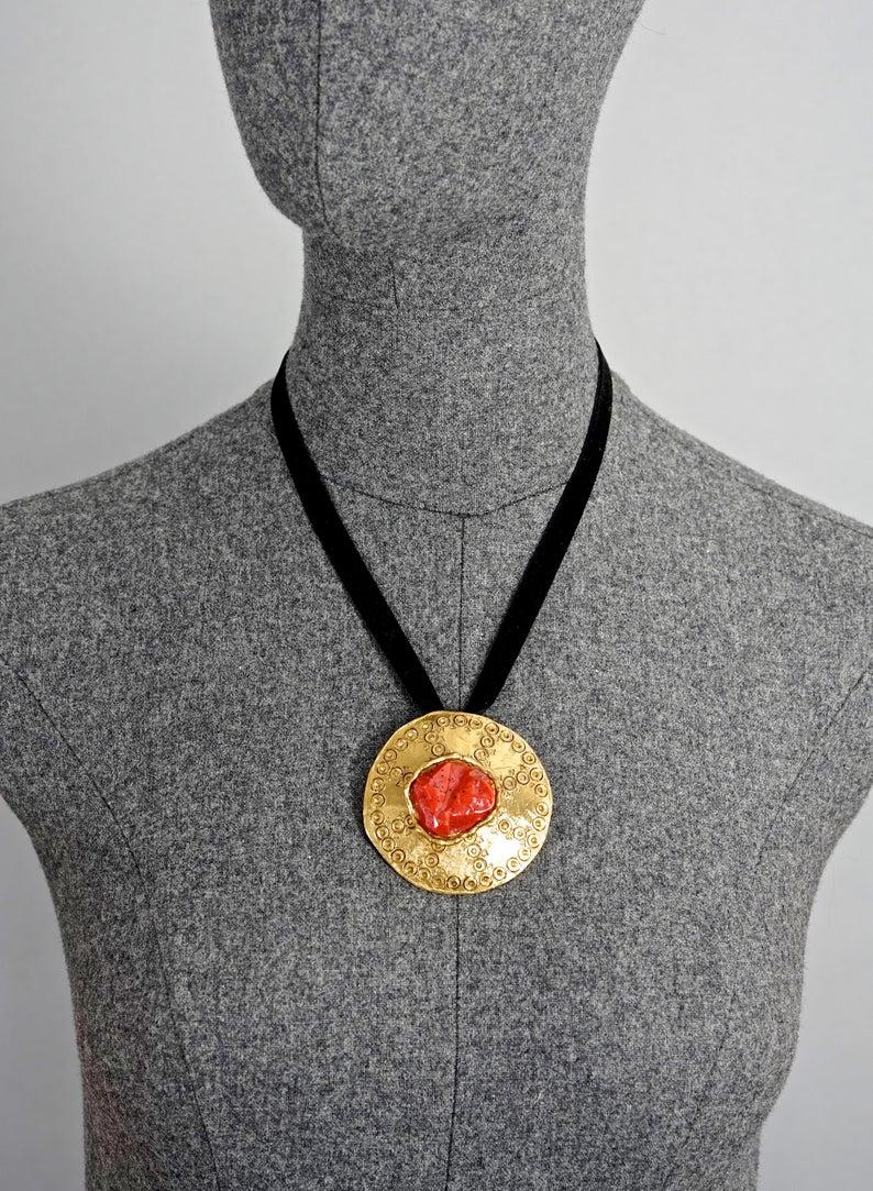 YVES SAINT LAURENT Ysl by Robert Goossens Ethnic Coral Medallion Pendant Brooch For Sale 3