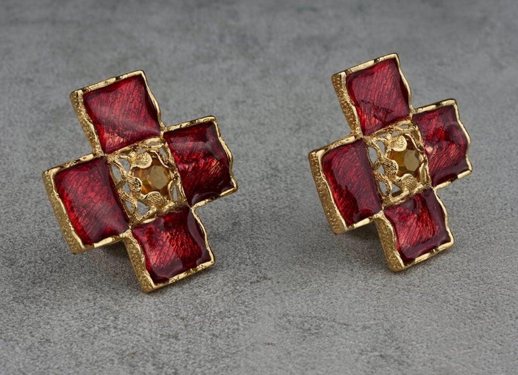 Women's YVES SAINT LAURENT Ysl by Robert Goossens Red Enamel Cross Rhinestone Earrings For Sale