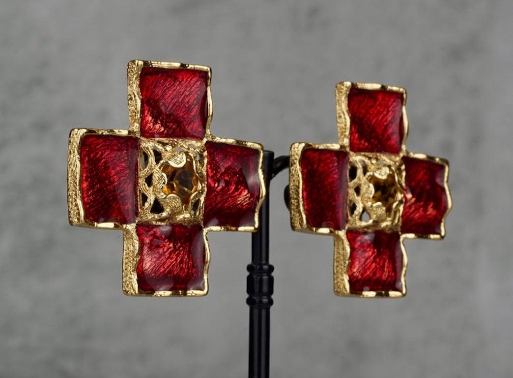 YVES SAINT LAURENT Ysl by Robert Goossens Red Enamel Cross Rhinestone Earrings For Sale 3
