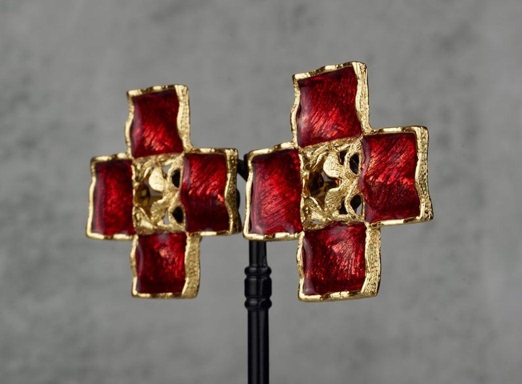 YVES SAINT LAURENT Ysl by Robert Goossens Red Enamel Cross Rhinestone Earrings For Sale 4