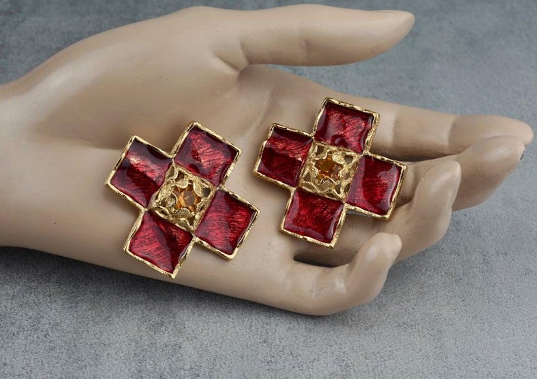 YVES SAINT LAURENT Ysl by Robert Goossens Red Enamel Cross Rhinestone Earrings For Sale 5