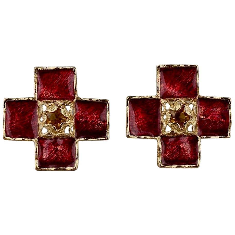 YVES SAINT LAURENT Ysl by Robert Goossens Red Enamel Cross Rhinestone Earrings For Sale